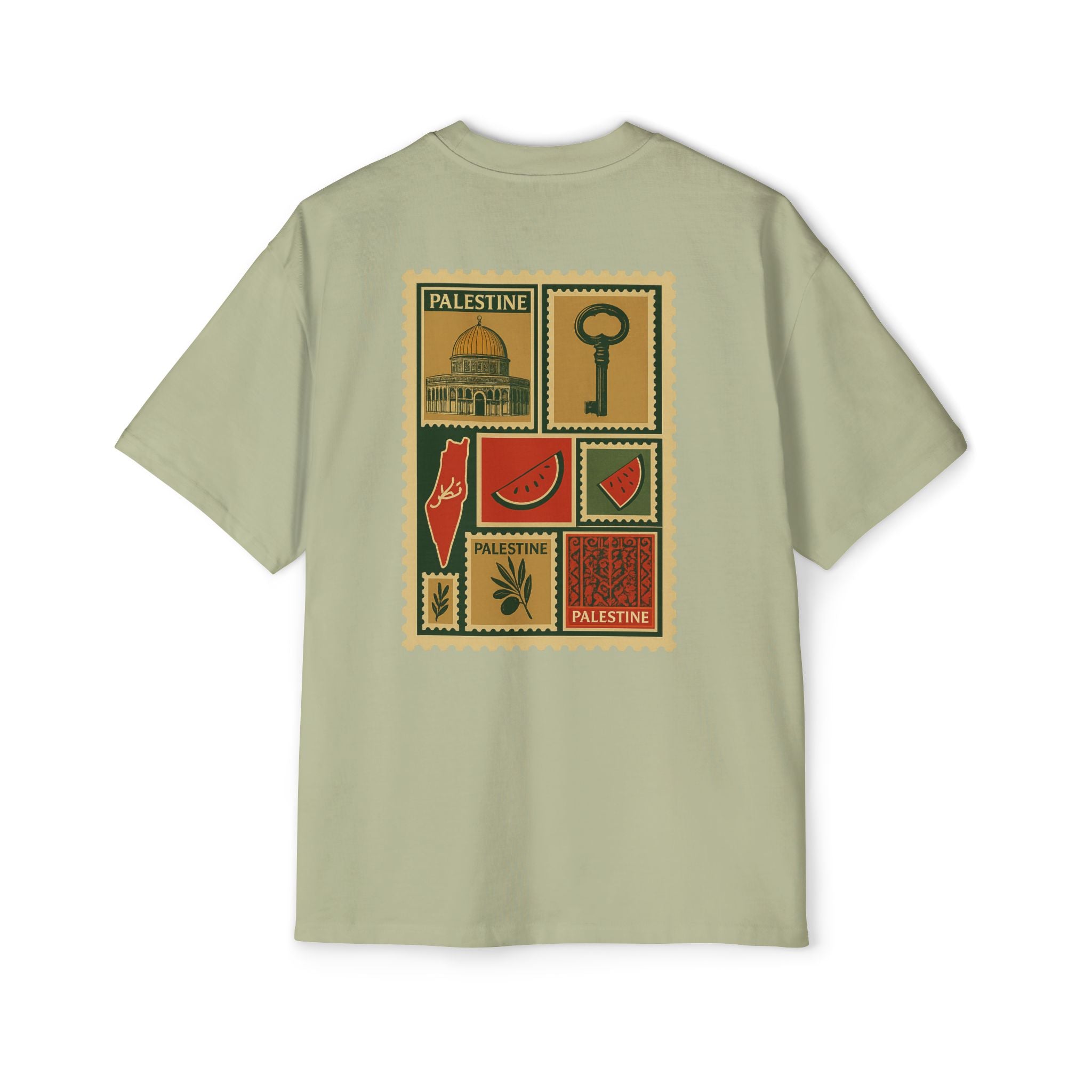 Palestine Stamp Collage Tee — Retro Dome, Key & Symbols Graphic T‑Shirt