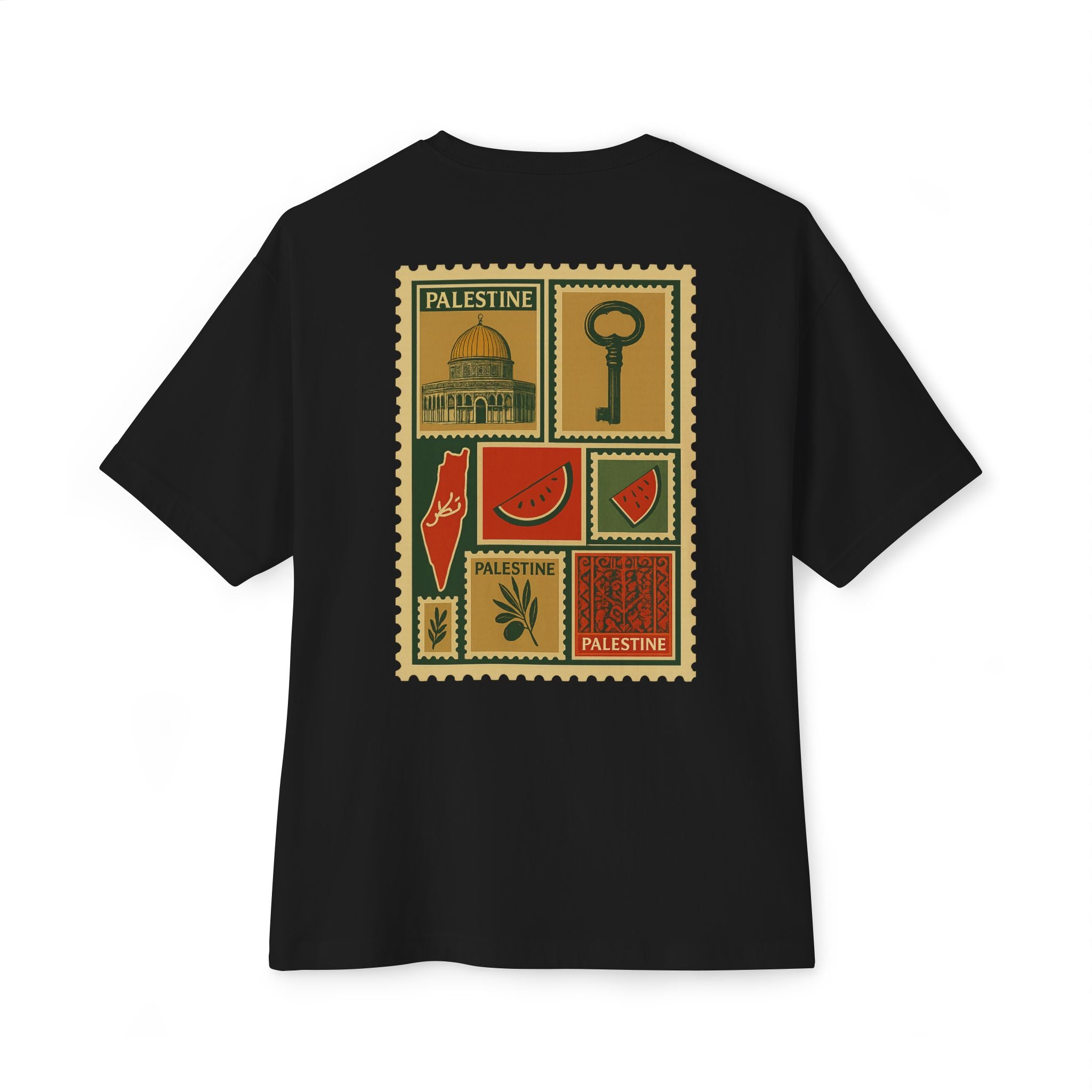 Palestine Stamp Collage Tee — Vintage Key & Dome Graphic Oversized T‑Shirt