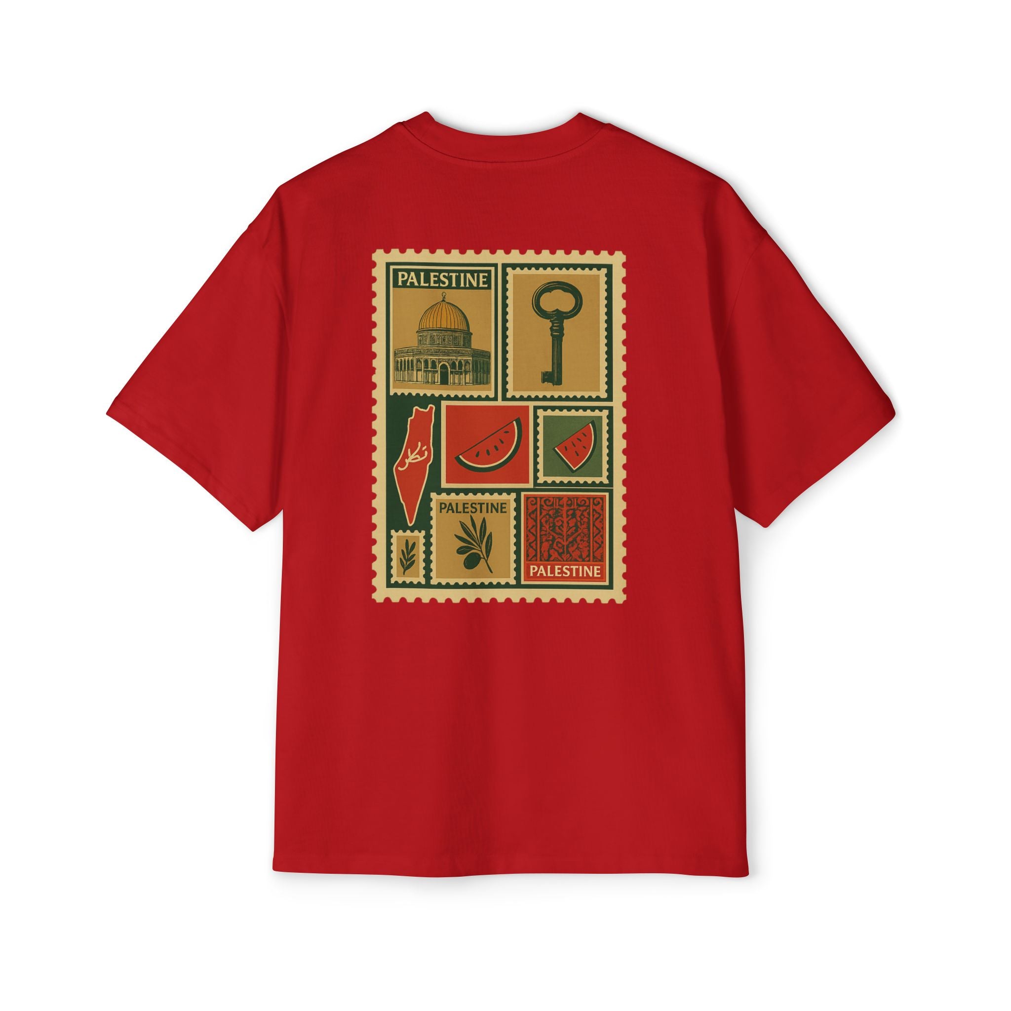 Palestine Stamp Collage Tee — Retro Dome, Key & Symbols Graphic T‑Shirt