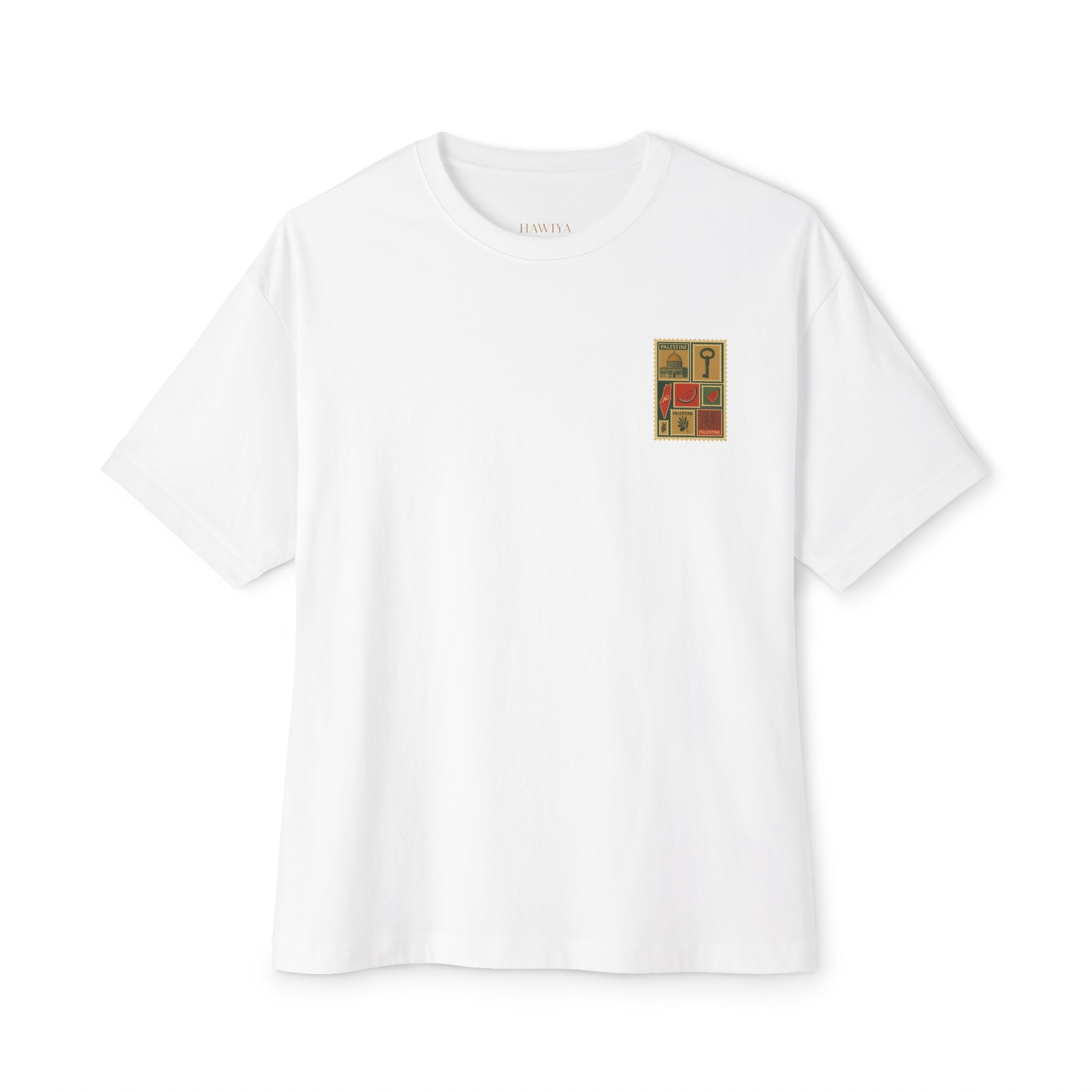 Palestine Stamp Collage Tee — Vintage Key & Dome Graphic Oversized T‑Shirt