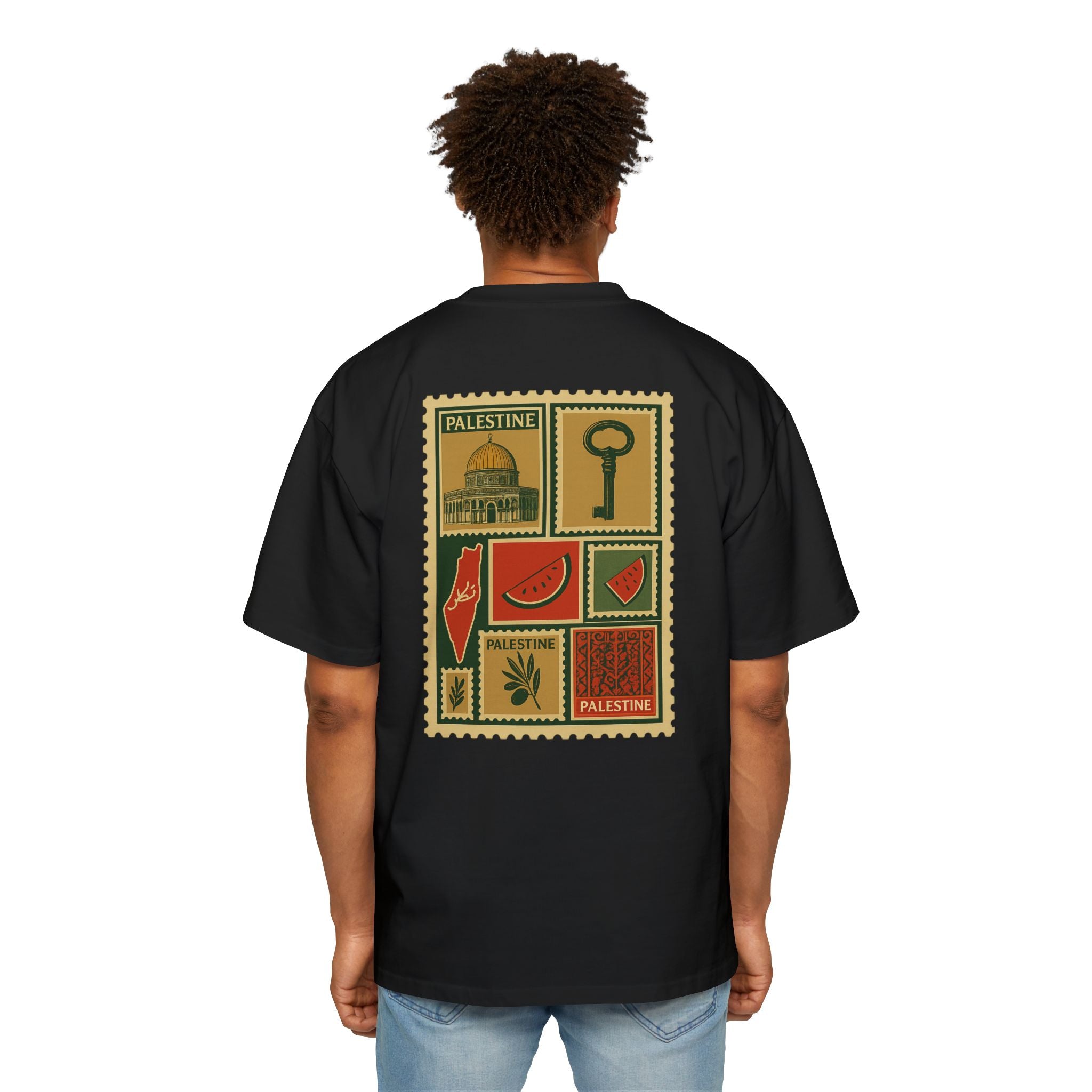 Palestine Stamp Collage Tee — Retro Dome, Key & Symbols Graphic T‑Shirt