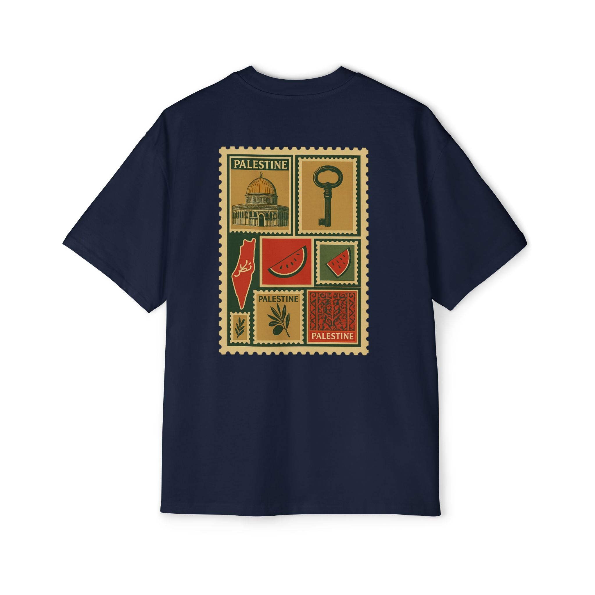 Palestine Stamp Collage Tee — Retro Dome, Key & Symbols Graphic T‑Shirt