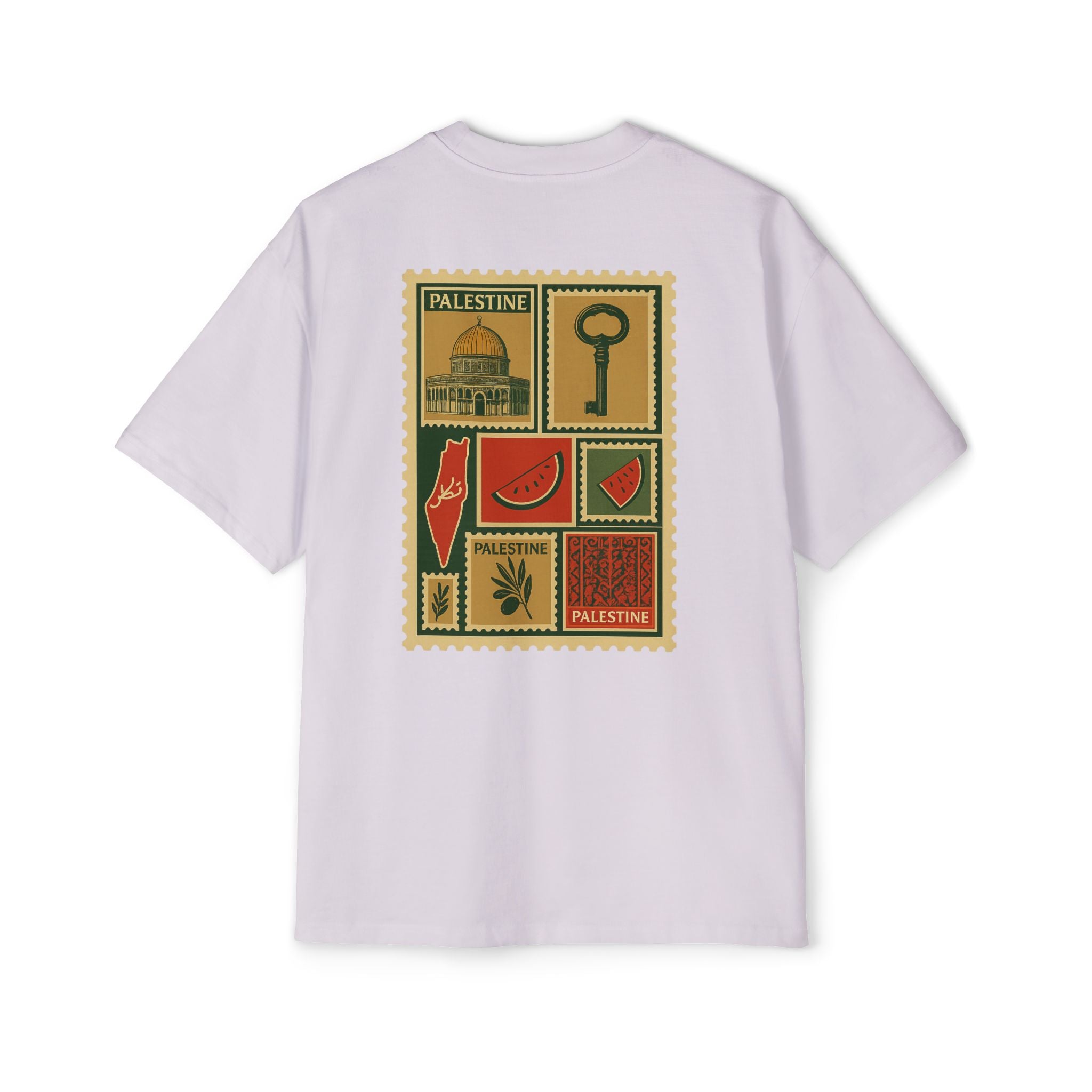 Palestine Stamp Collage Tee — Retro Dome, Key & Symbols Graphic T‑Shirt