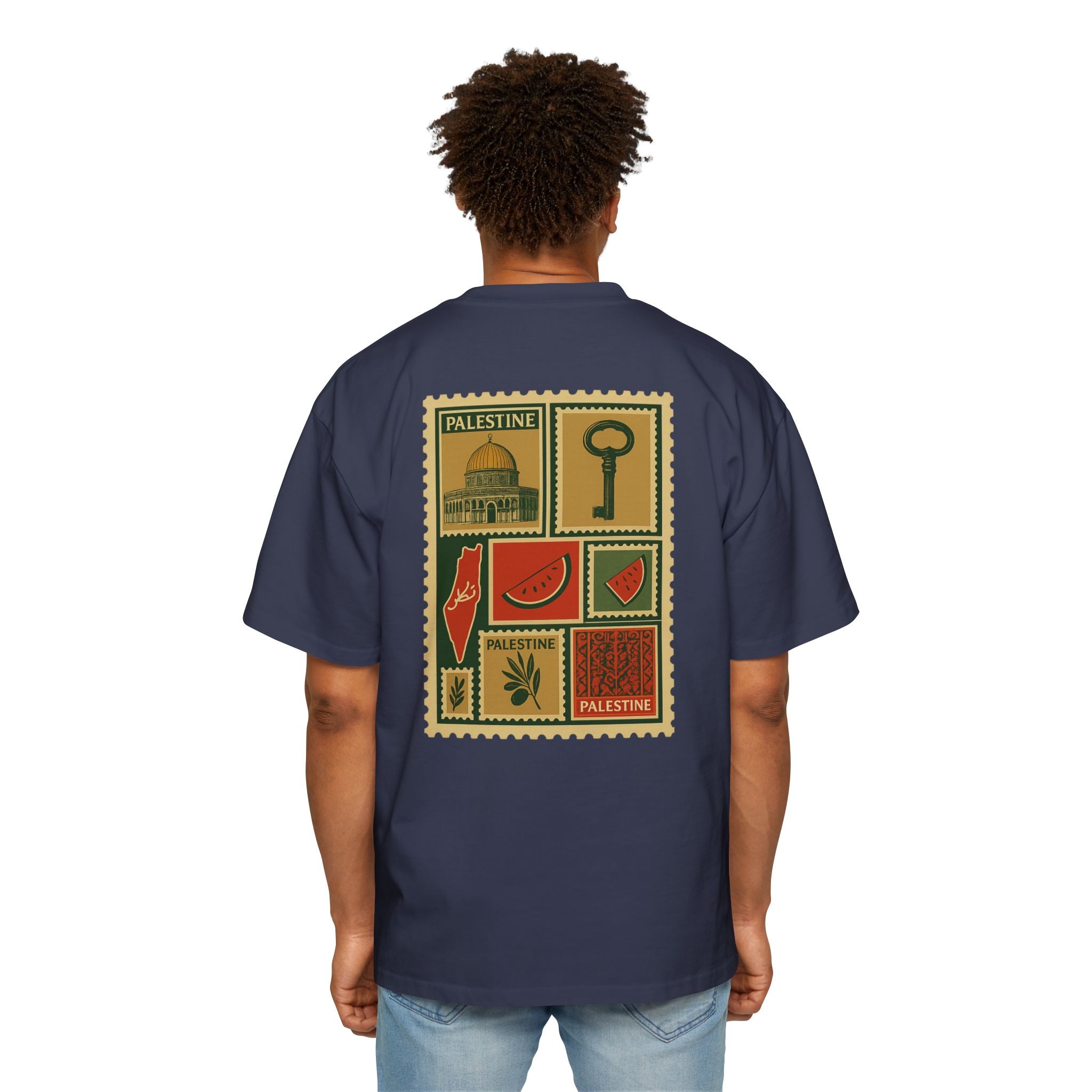 Palestine Stamp Collage Tee — Retro Dome, Key & Symbols Graphic T‑Shirt