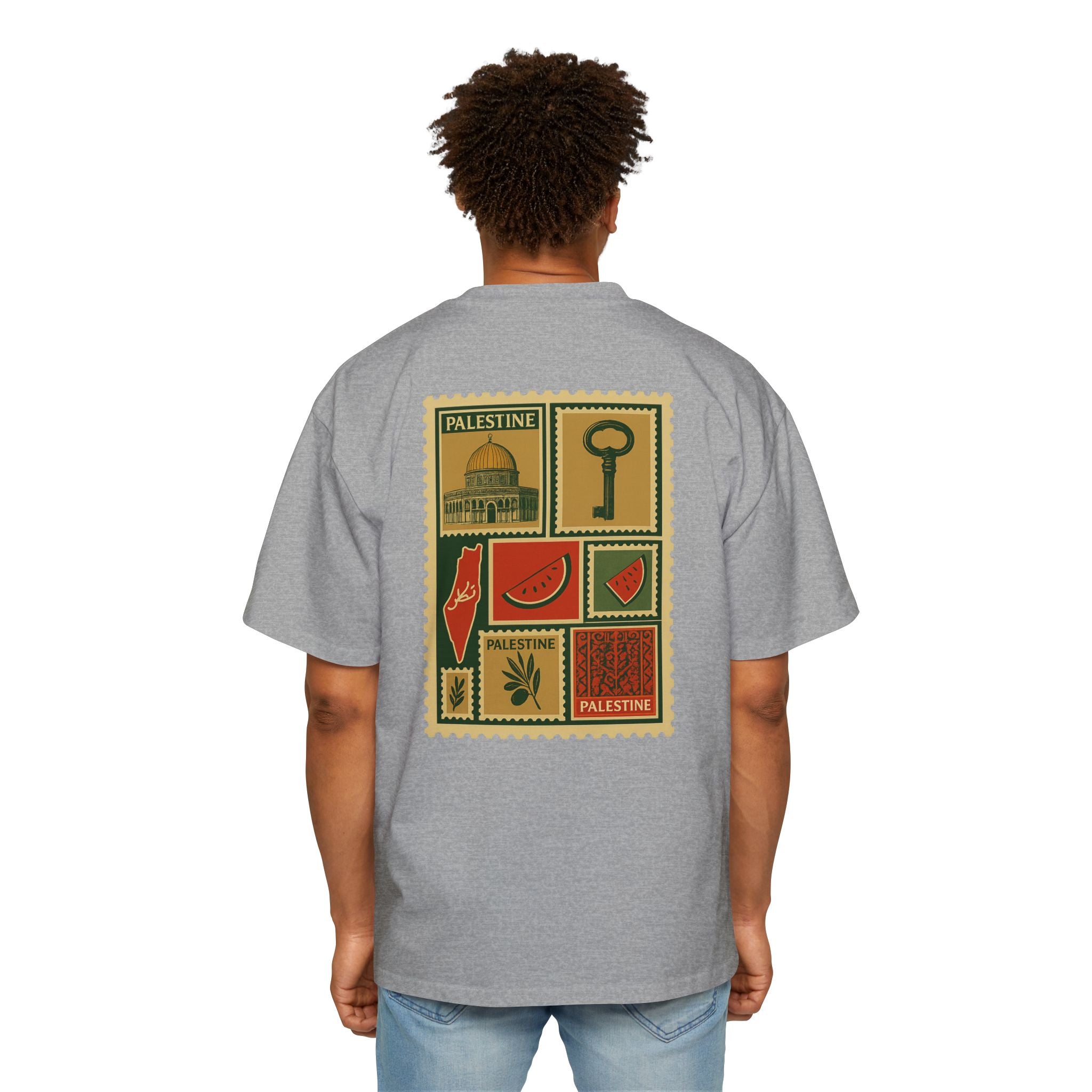 Palestine Stamp Collage Tee — Retro Dome, Key & Symbols Graphic T‑Shirt