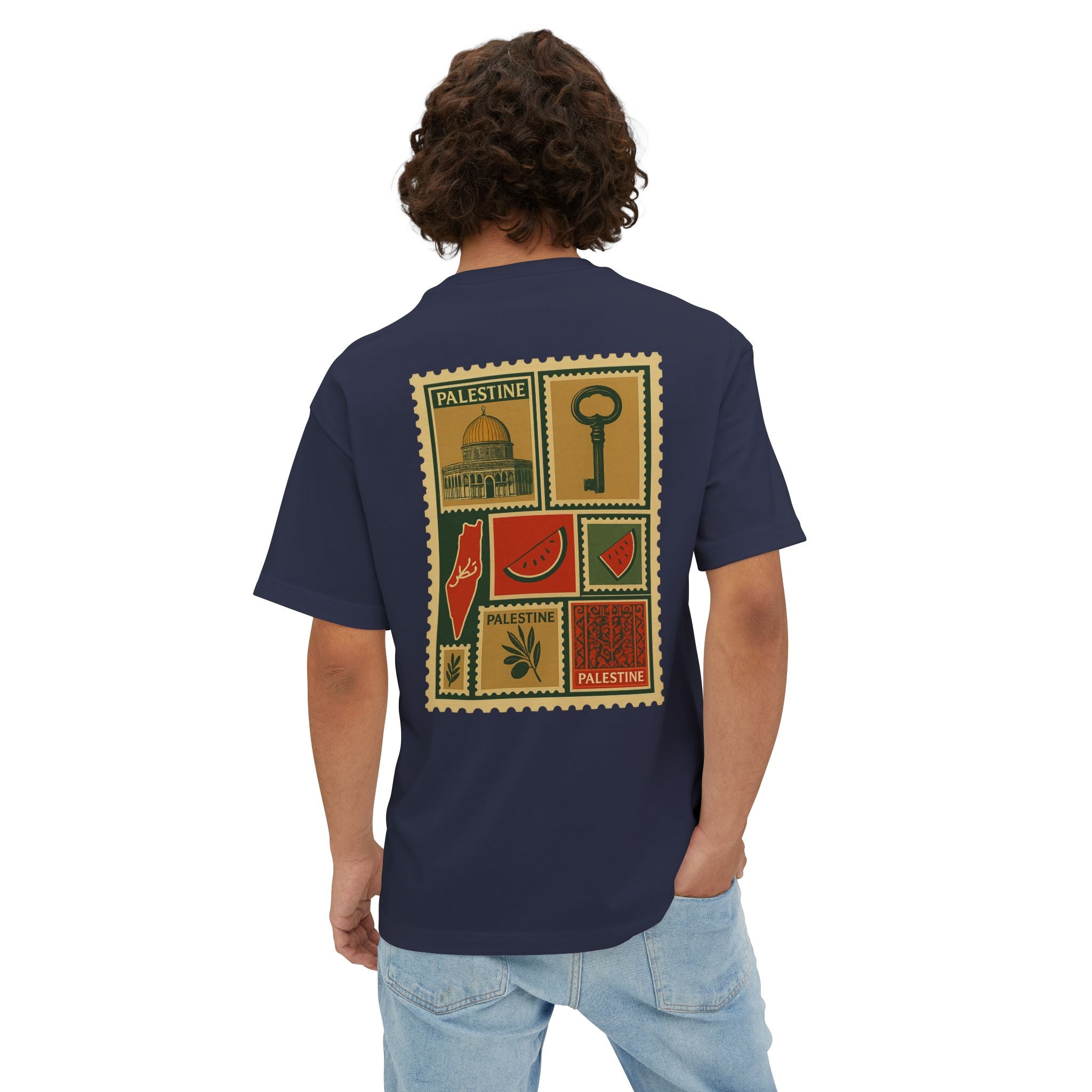 Palestine Stamp Collage Tee — Vintage Key & Dome Graphic Oversized T‑Shirt