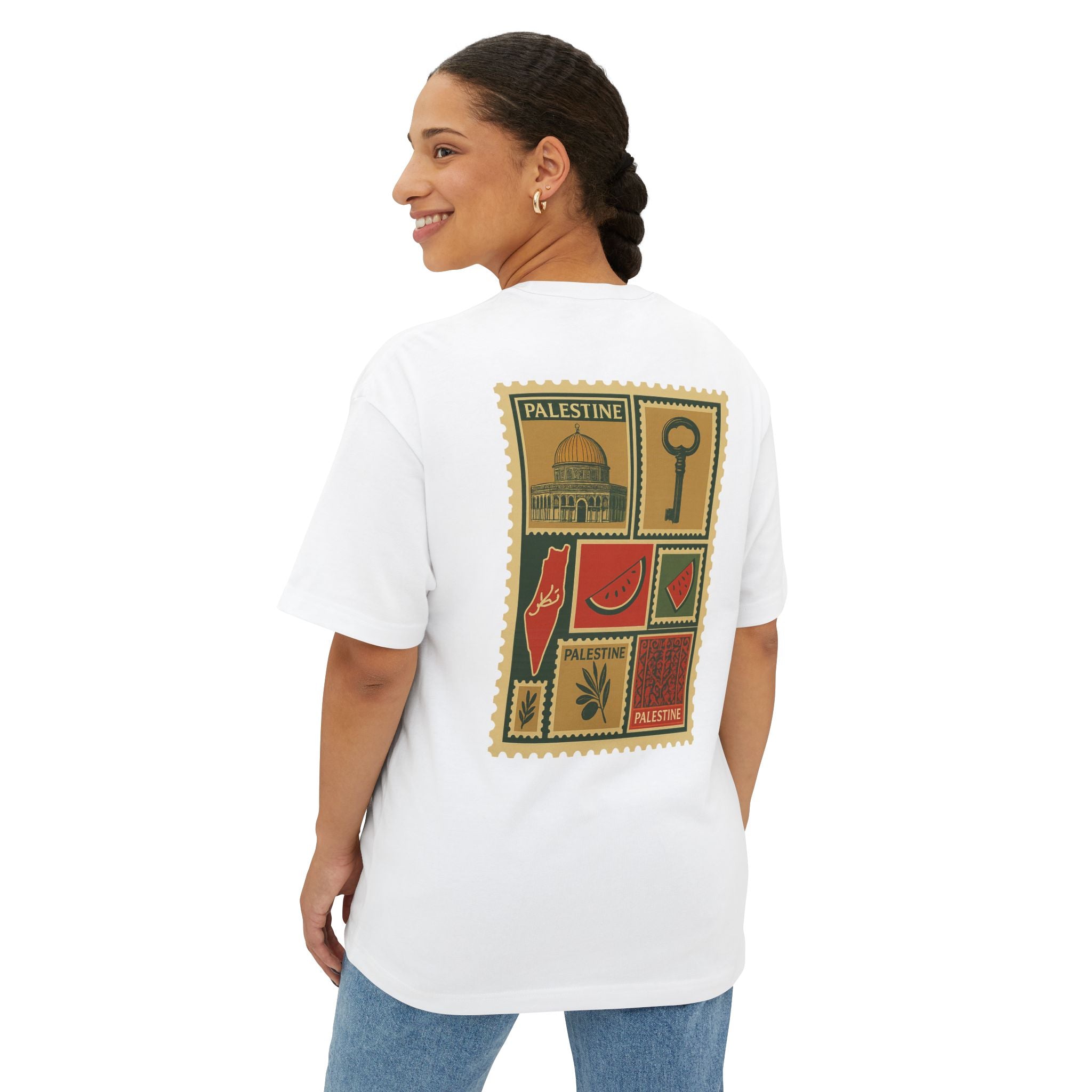 Palestine Stamp Collage Tee — Vintage Key & Dome Graphic Oversized T‑Shirt