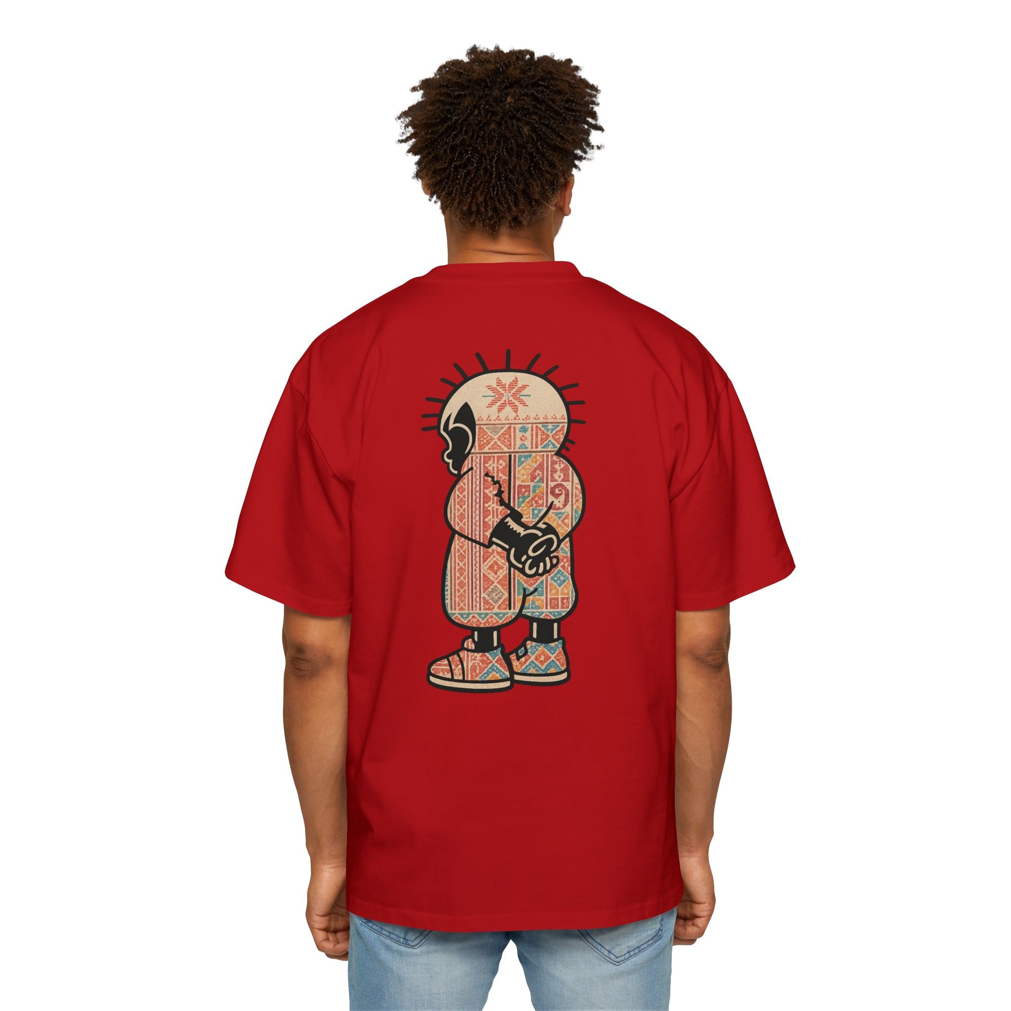 Graphic Tee — Patterned Skate Character Red Oversized T‑Shirt