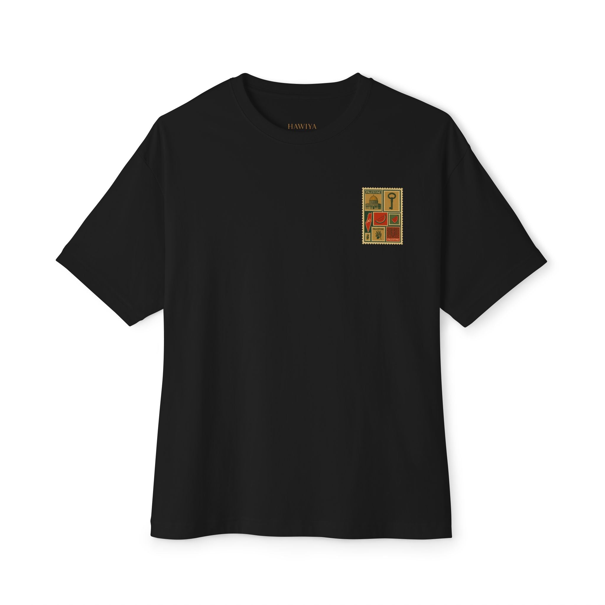 Palestine Stamp Collage Tee — Vintage Key & Dome Graphic Oversized T‑Shirt