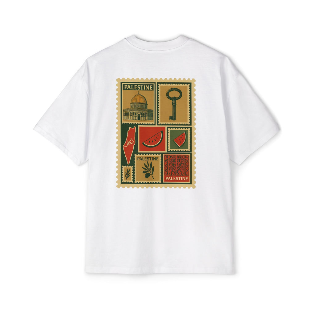 Palestine Stamp Collage Tee — Retro Dome, Key & Symbols Graphic T‑Shirt