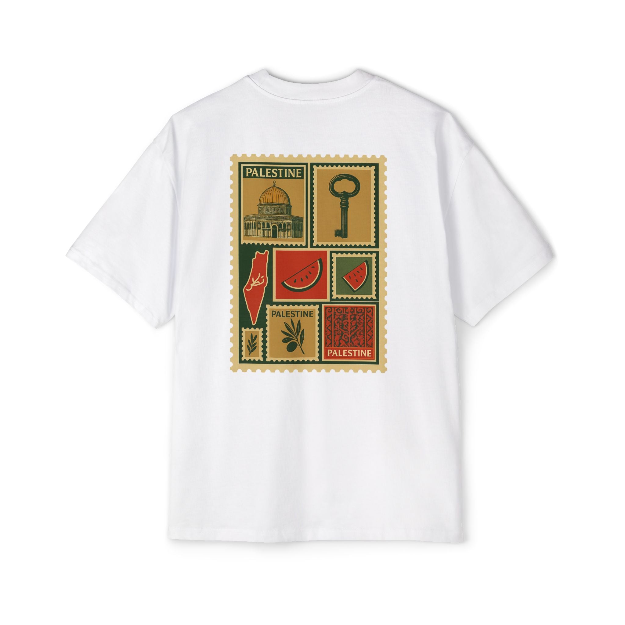 Palestine Stamp Collage Tee — Retro Dome, Key & Symbols Graphic T‑Shirt