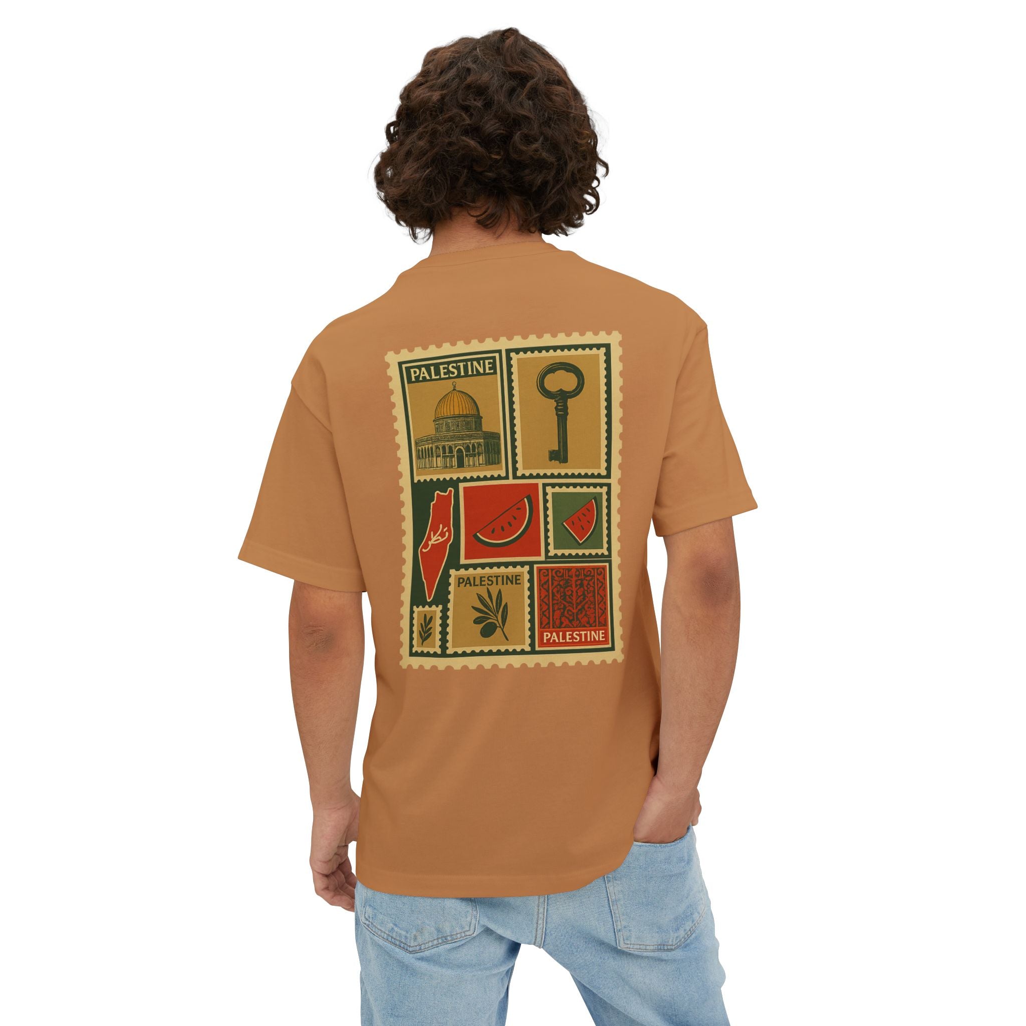 Palestine Stamp Collage Tee — Vintage Key & Dome Graphic Oversized T‑Shirt