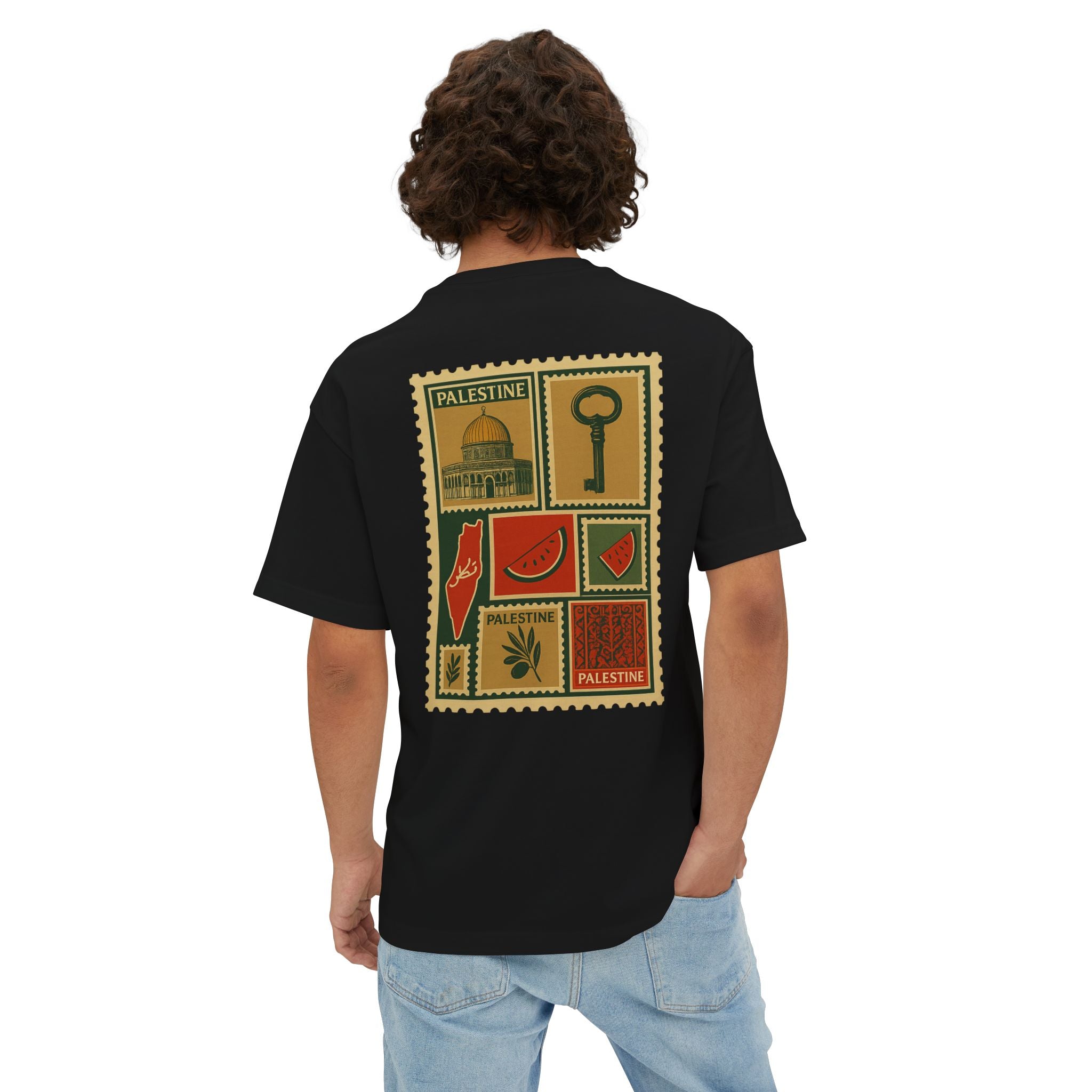 Palestine Stamp Collage Tee — Vintage Key & Dome Graphic Oversized T‑Shirt