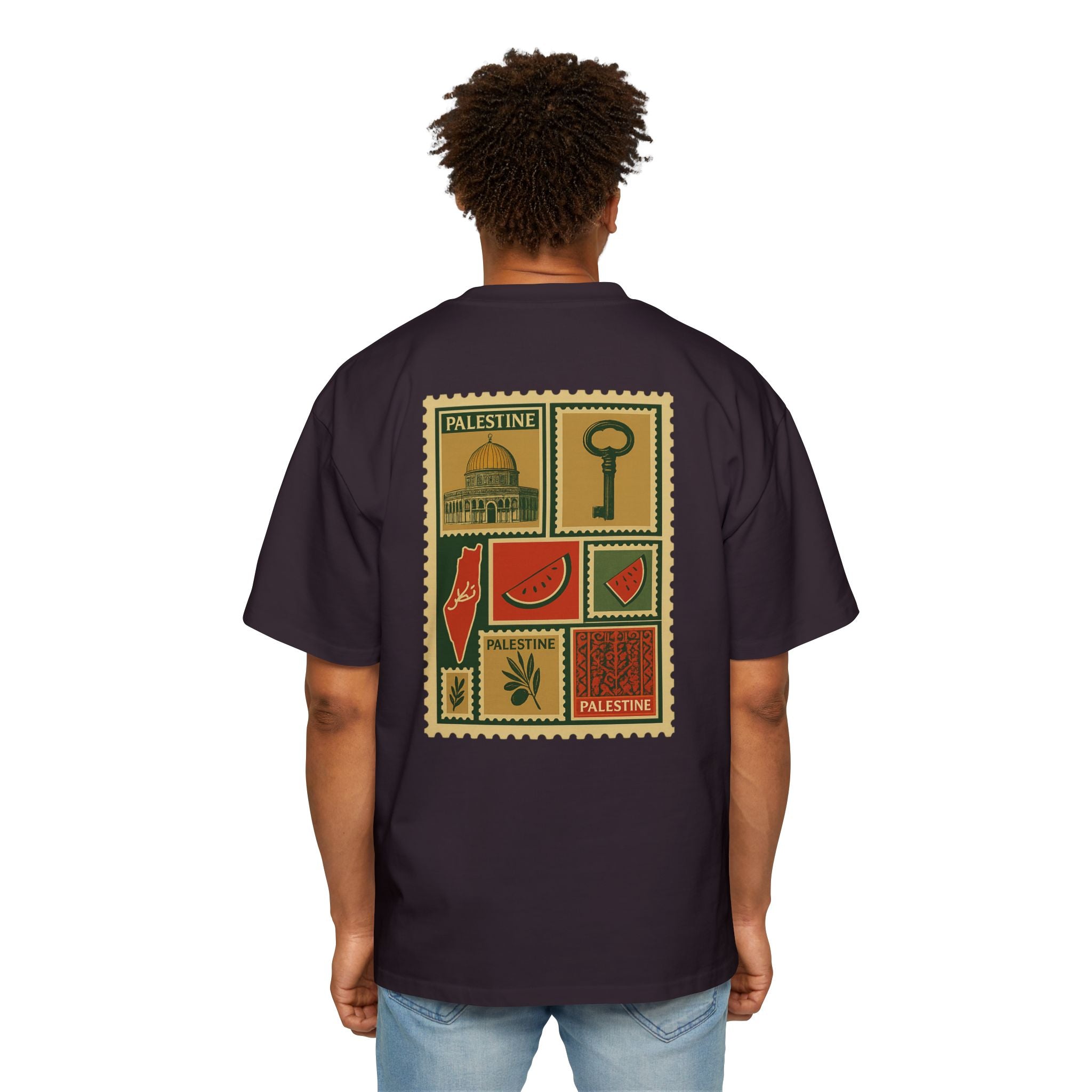 Palestine Stamp Collage Tee — Retro Dome, Key & Symbols Graphic T‑Shirt