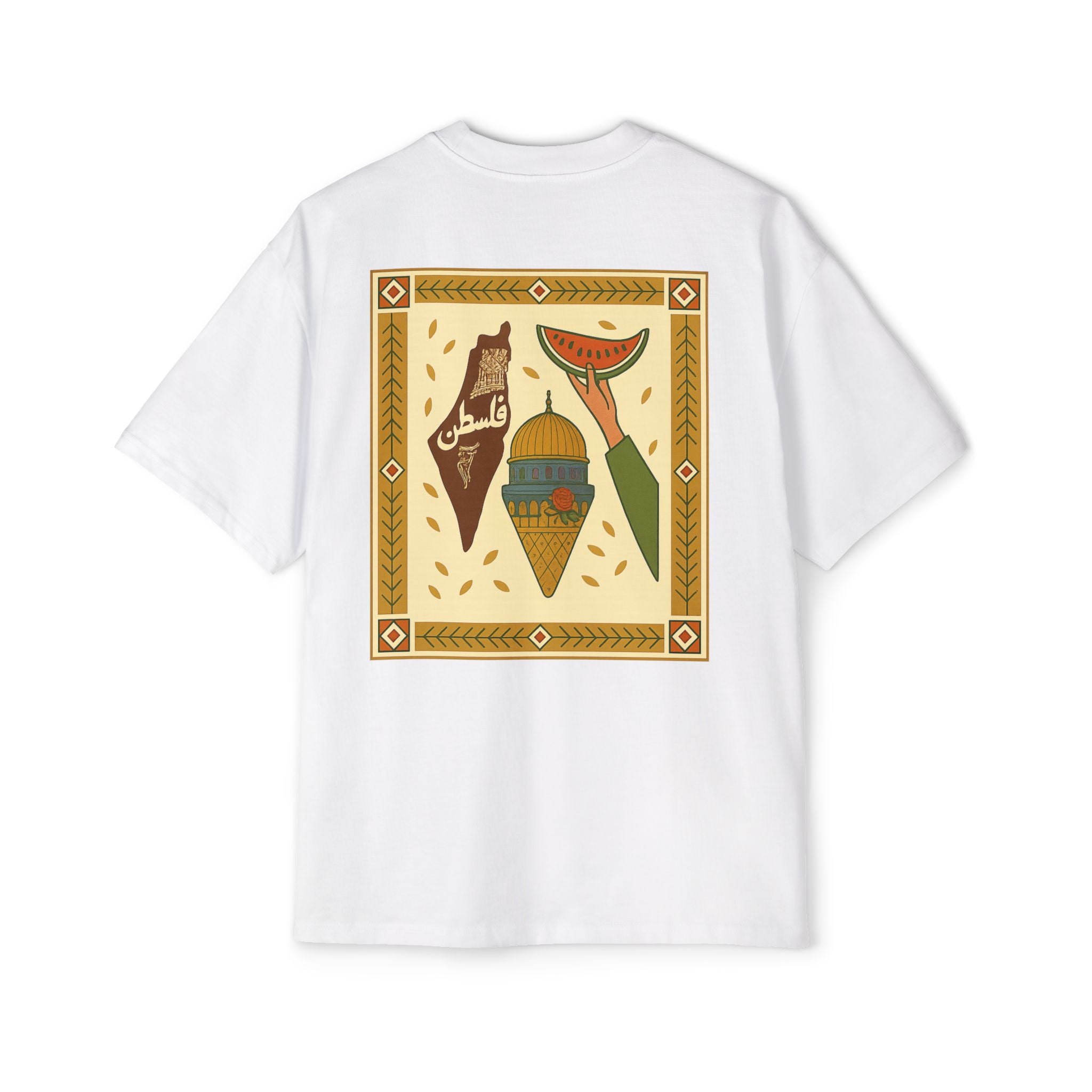Palestine Heritage Tee — Dome of the Rock & Watermelon Retro Graphic Tee