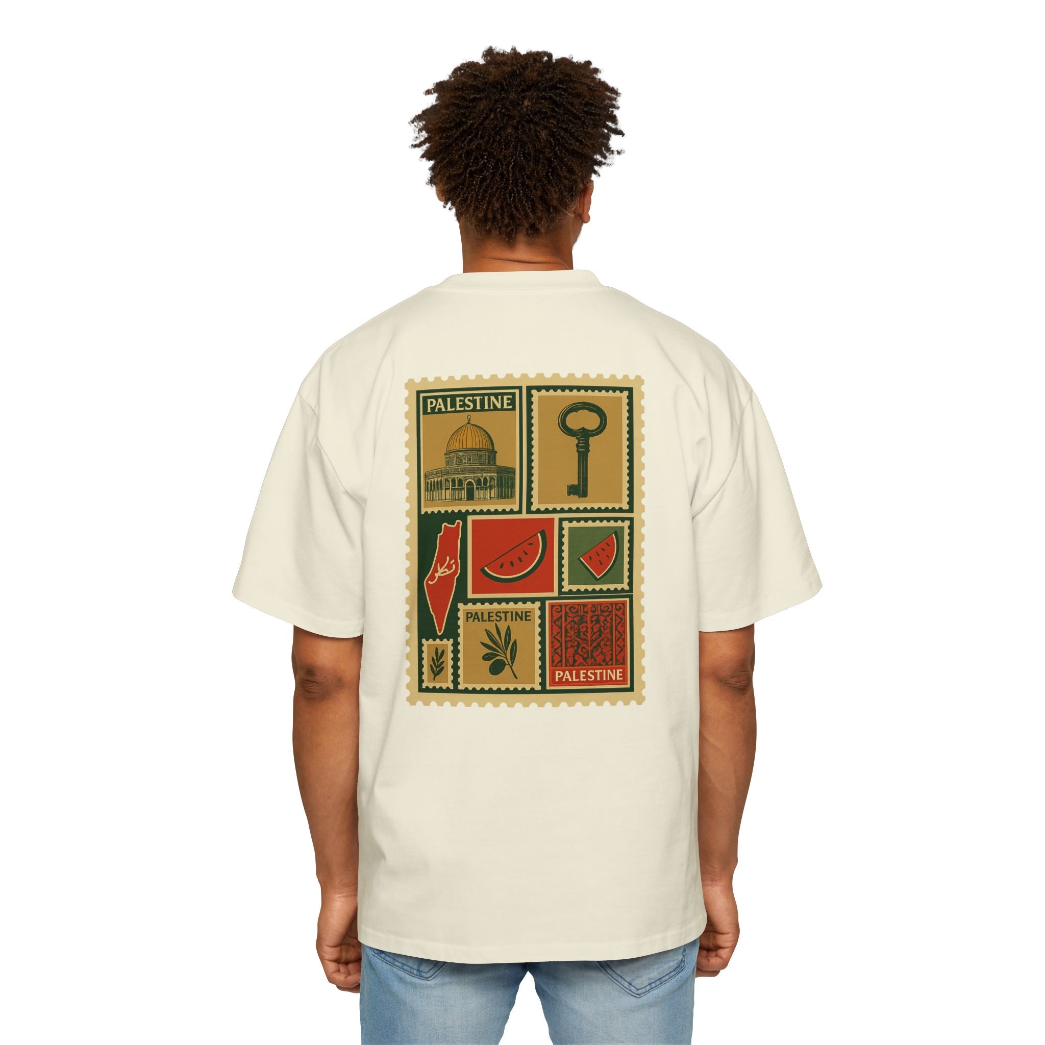 Palestine Stamp Collage Tee — Retro Dome, Key & Symbols Graphic T‑Shirt