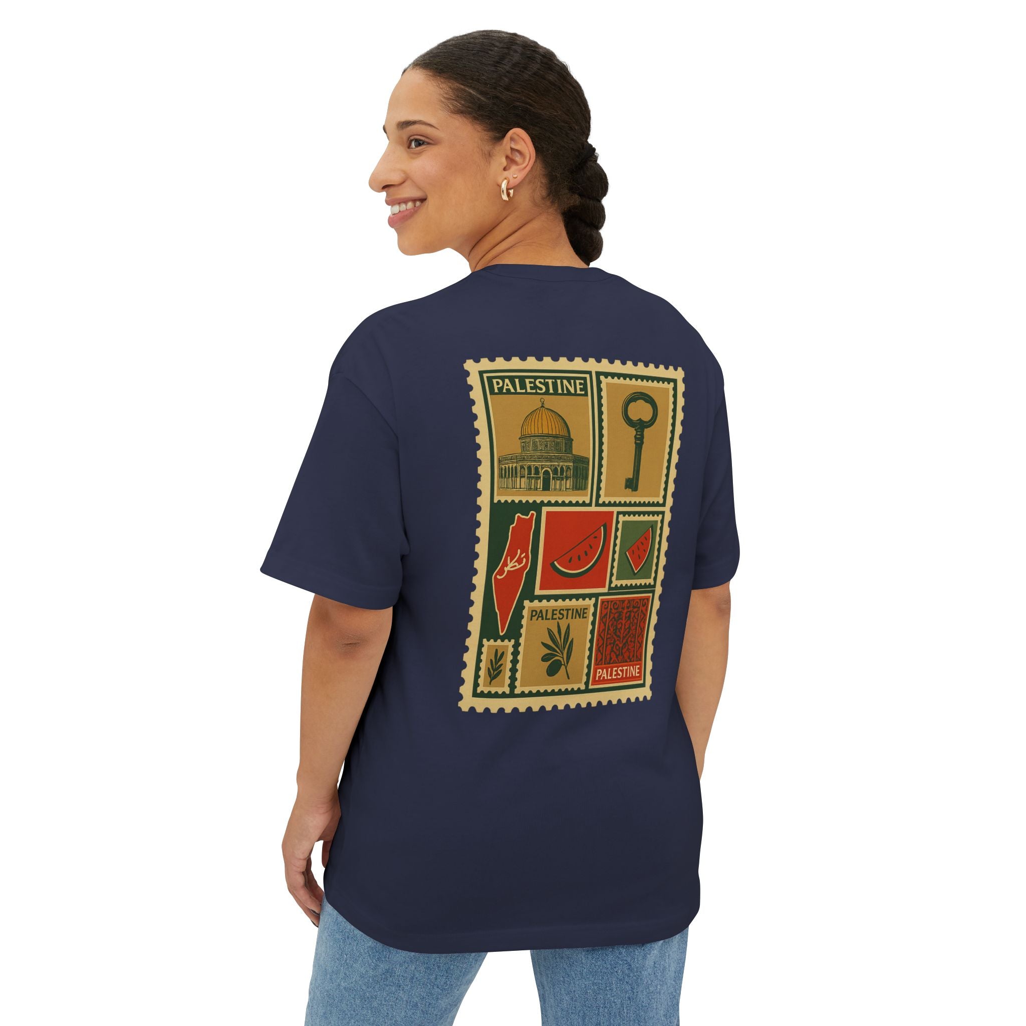 Palestine Stamp Collage Tee — Vintage Key & Dome Graphic Oversized T‑Shirt