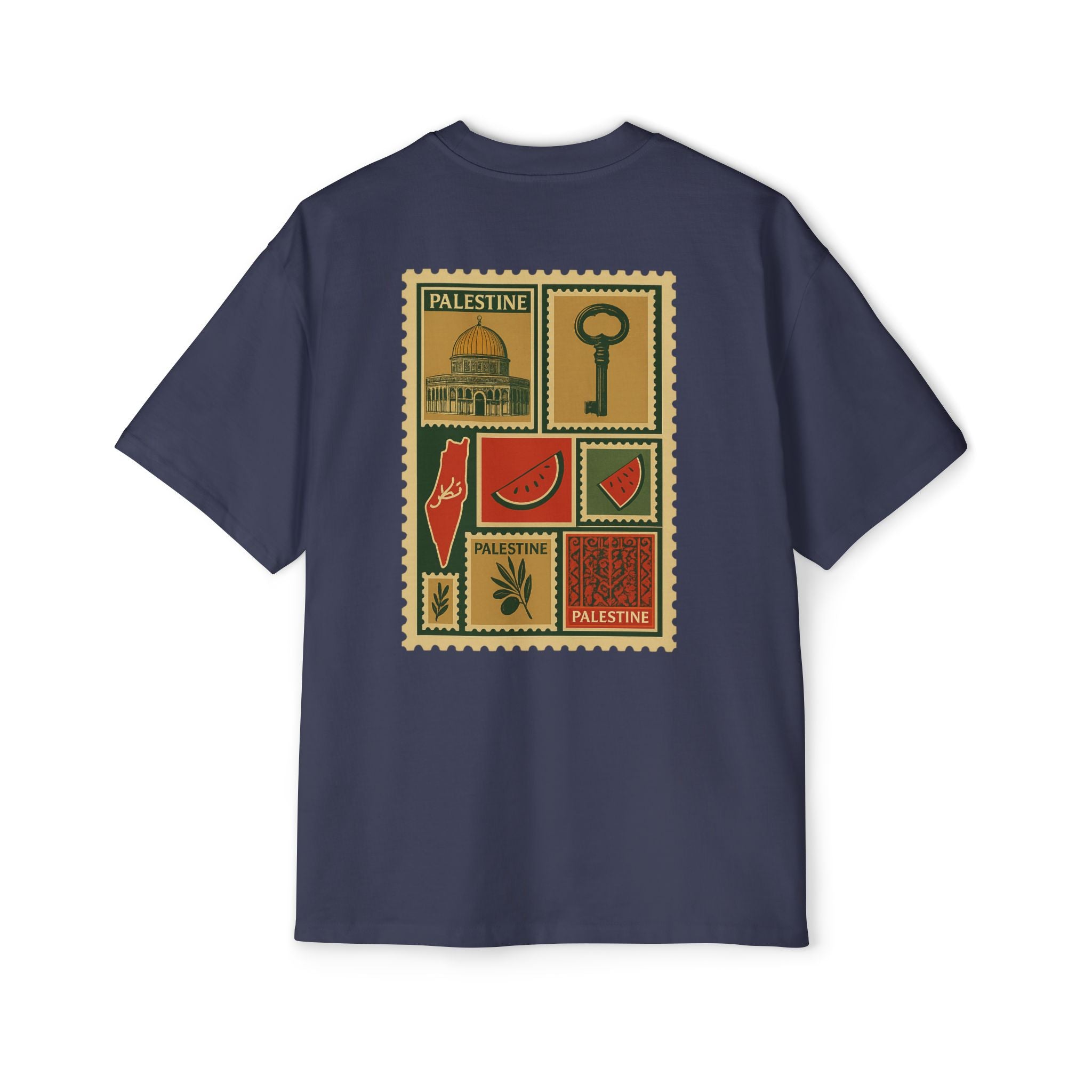 Palestine Stamp Collage Tee — Retro Dome, Key & Symbols Graphic T‑Shirt