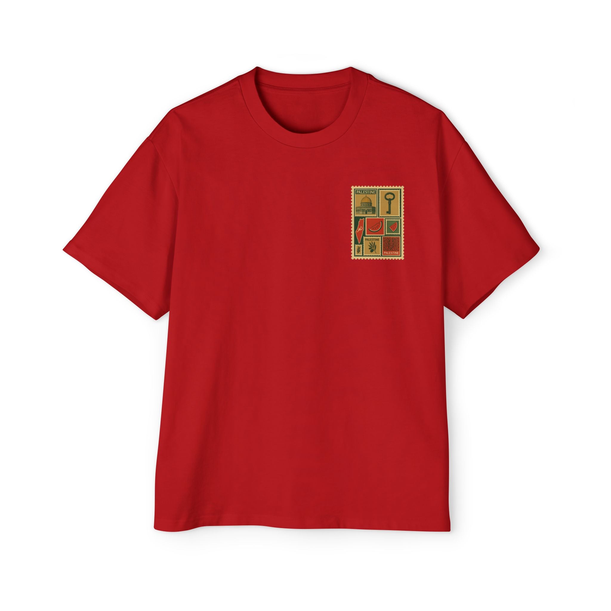 Palestine Stamp Collage Tee — Retro Dome, Key & Symbols Graphic T‑Shirt