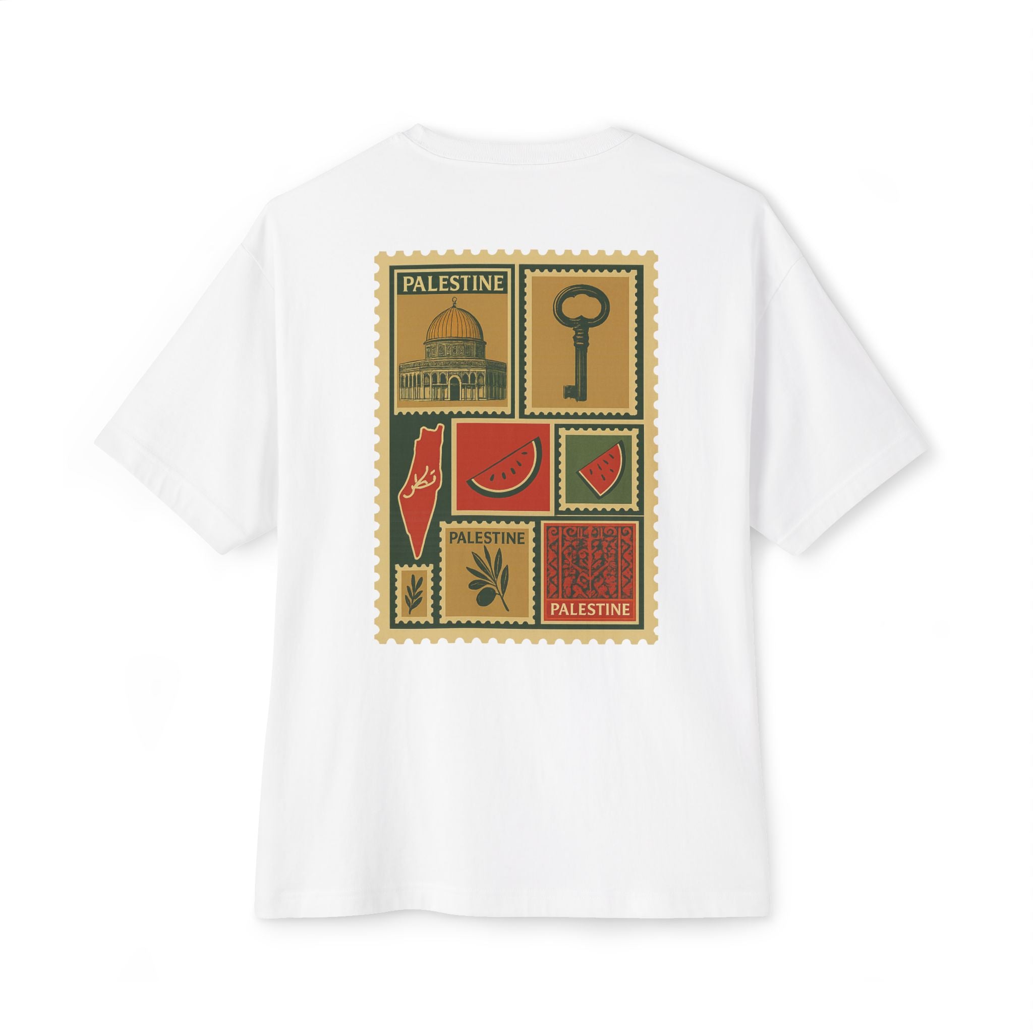 Palestine Stamp Collage Tee — Vintage Key & Dome Graphic Oversized T‑Shirt