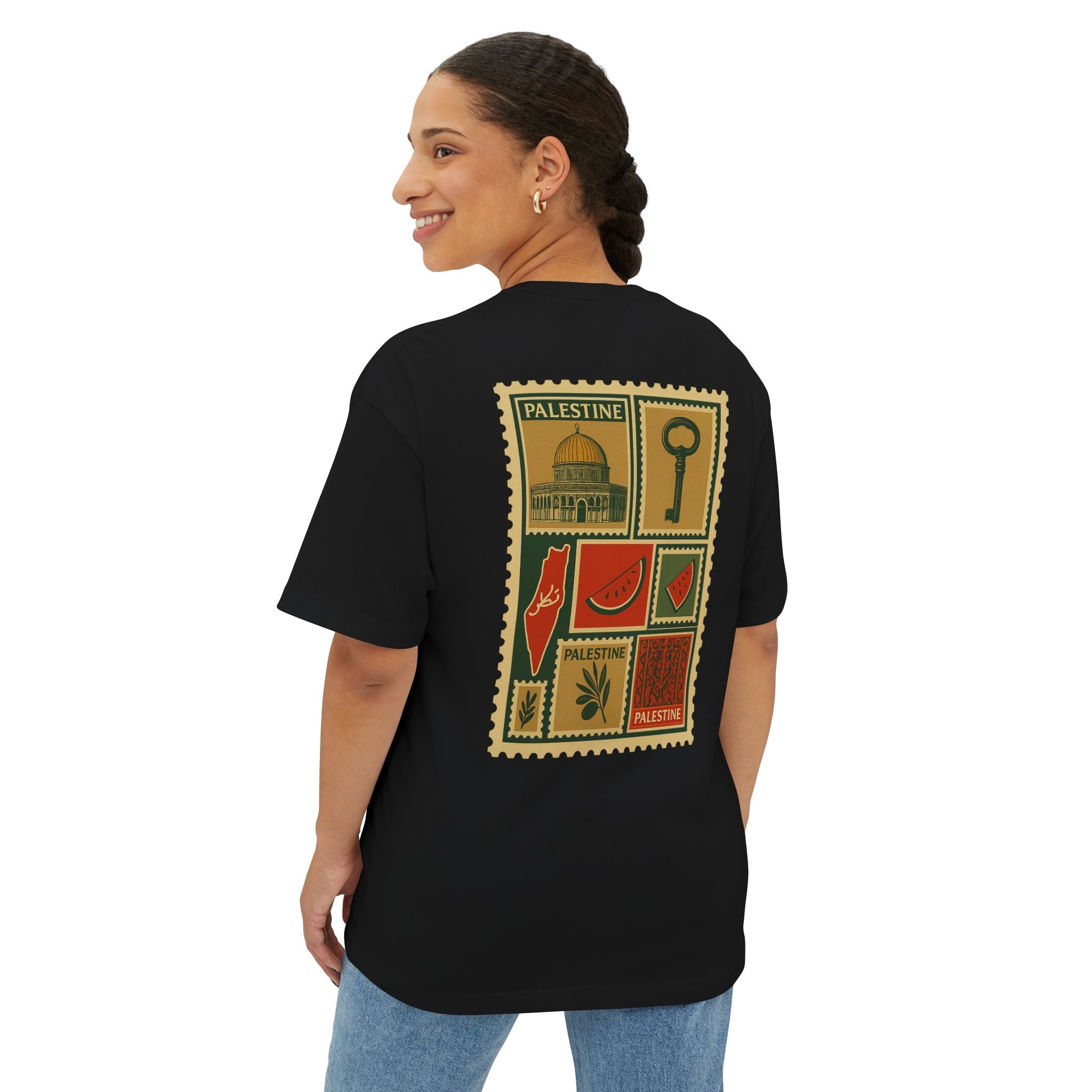 Palestine Stamp Collage Tee — Vintage Key & Dome Graphic Oversized T‑Shirt