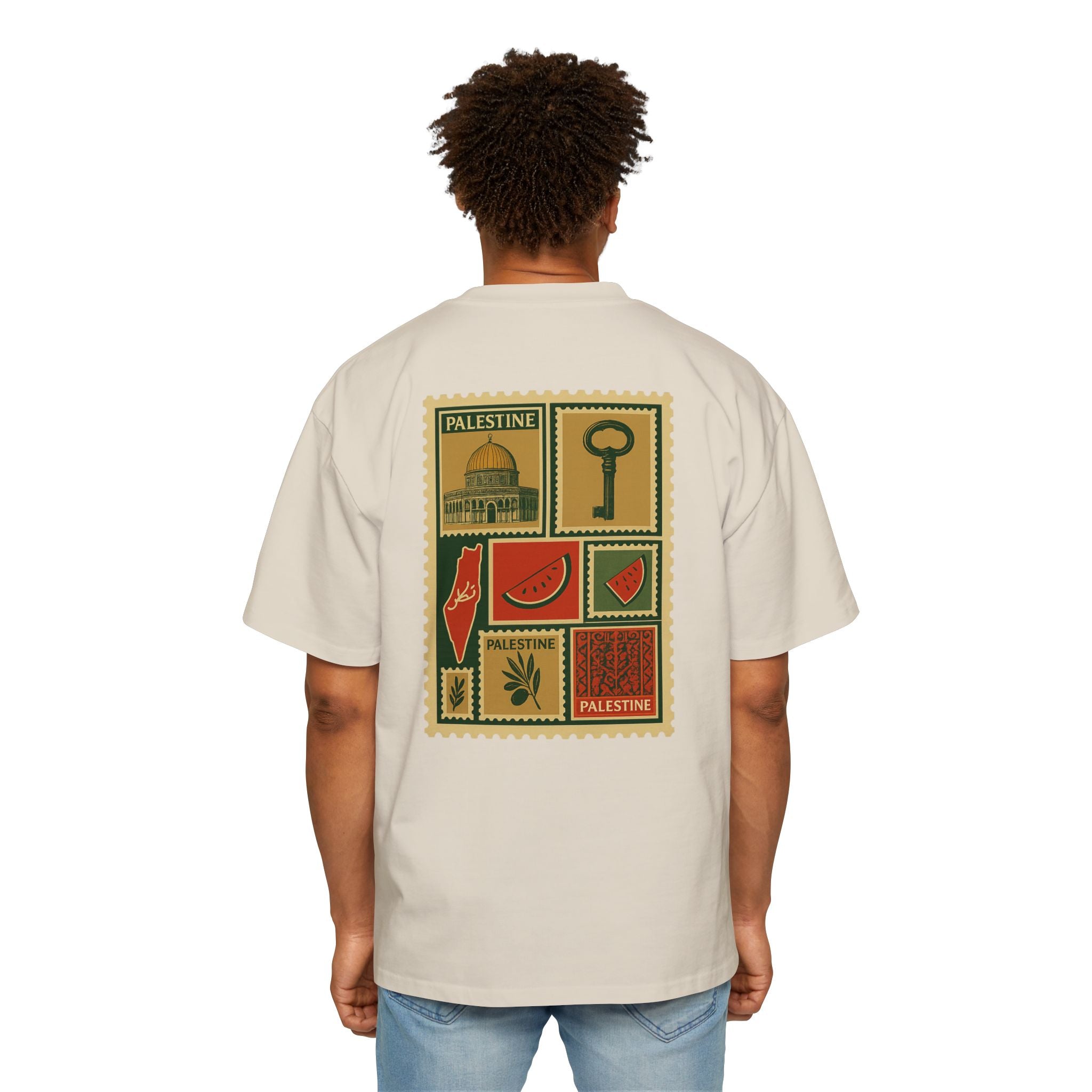 Palestine Stamp Collage Tee — Retro Dome, Key & Symbols Graphic T‑Shirt