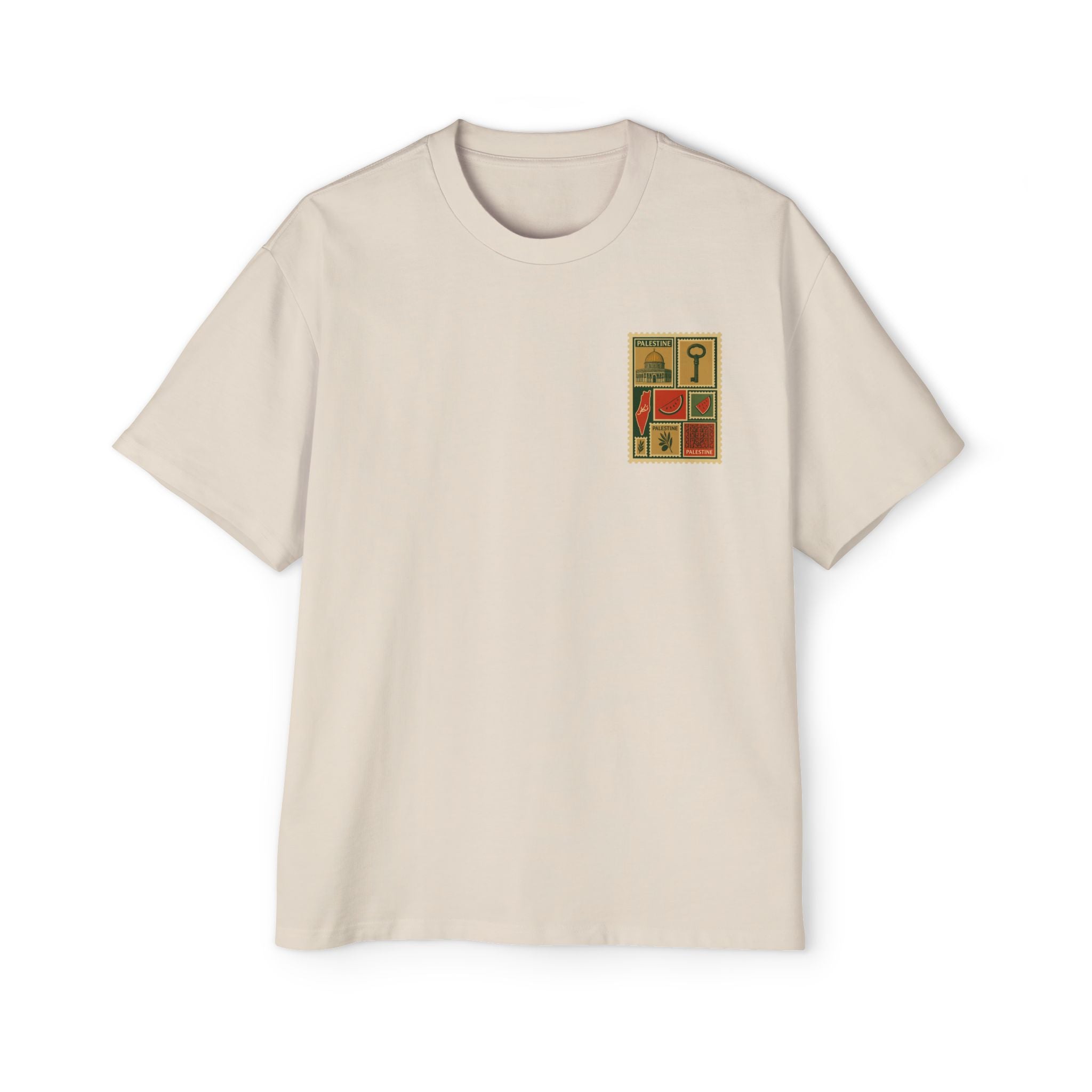 Palestine Stamp Collage Tee — Retro Dome, Key & Symbols Graphic T‑Shirt