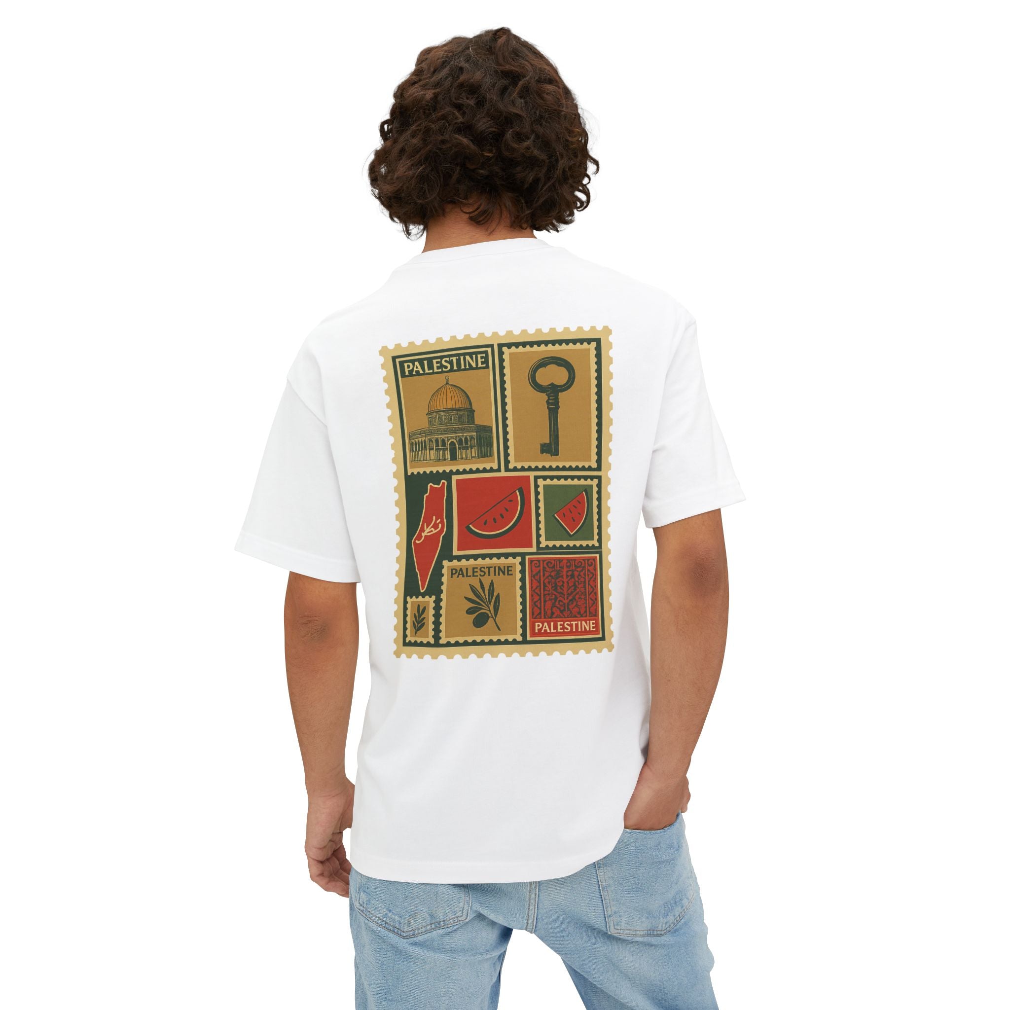 Palestine Stamp Collage Tee — Vintage Key & Dome Graphic Oversized T‑Shirt