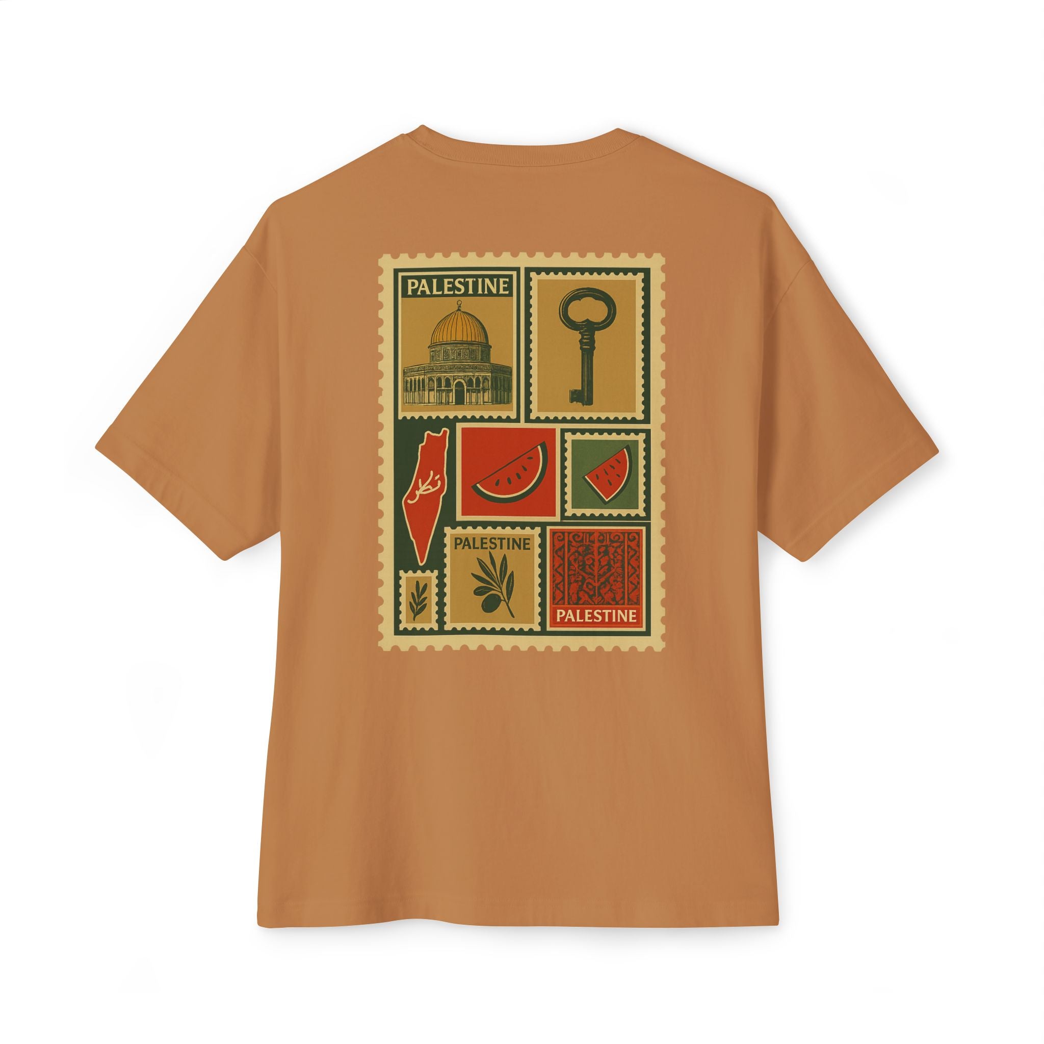 Palestine Stamp Collage Tee — Vintage Key & Dome Graphic Oversized T‑Shirt