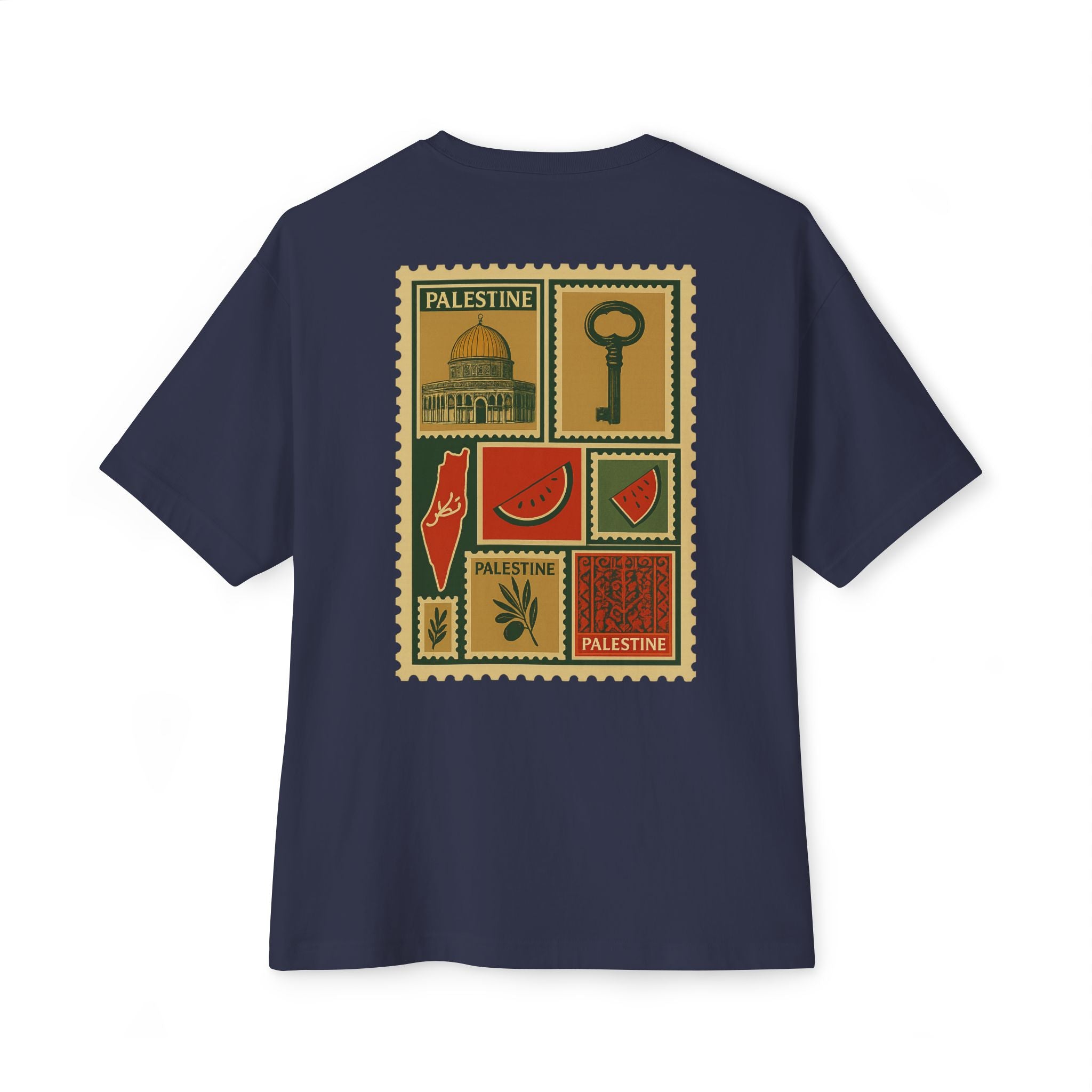 Palestine Stamp Collage Tee — Vintage Key & Dome Graphic Oversized T‑Shirt