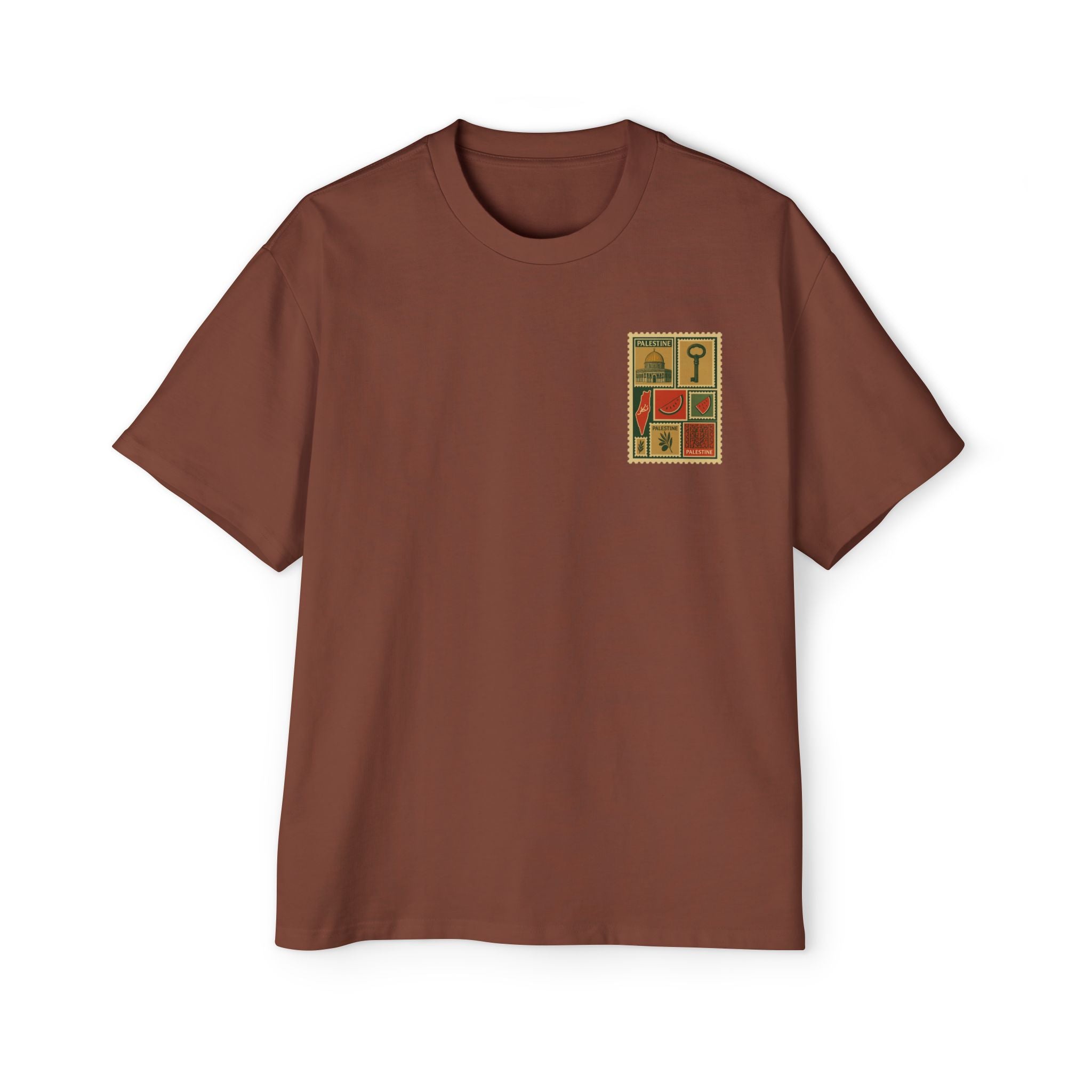 Palestine Stamp Collage Tee — Retro Dome, Key & Symbols Graphic T‑Shirt