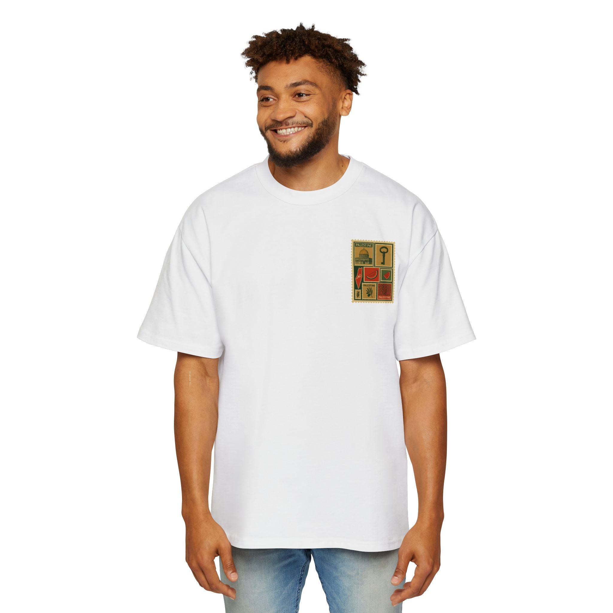 Palestine Stamp Collage Tee — Retro Dome, Key & Symbols Graphic T‑Shirt