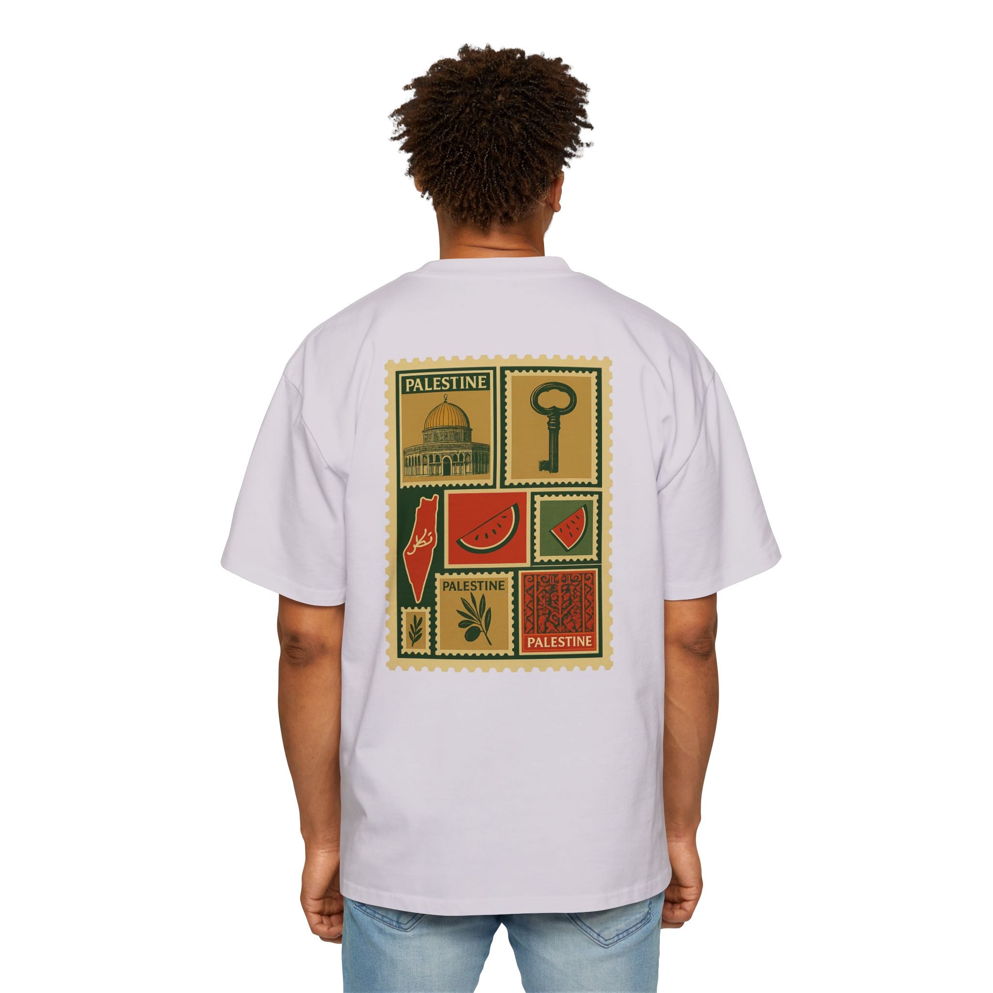 Palestine Stamp Collage Tee — Retro Dome, Key & Symbols Graphic T‑Shirt
