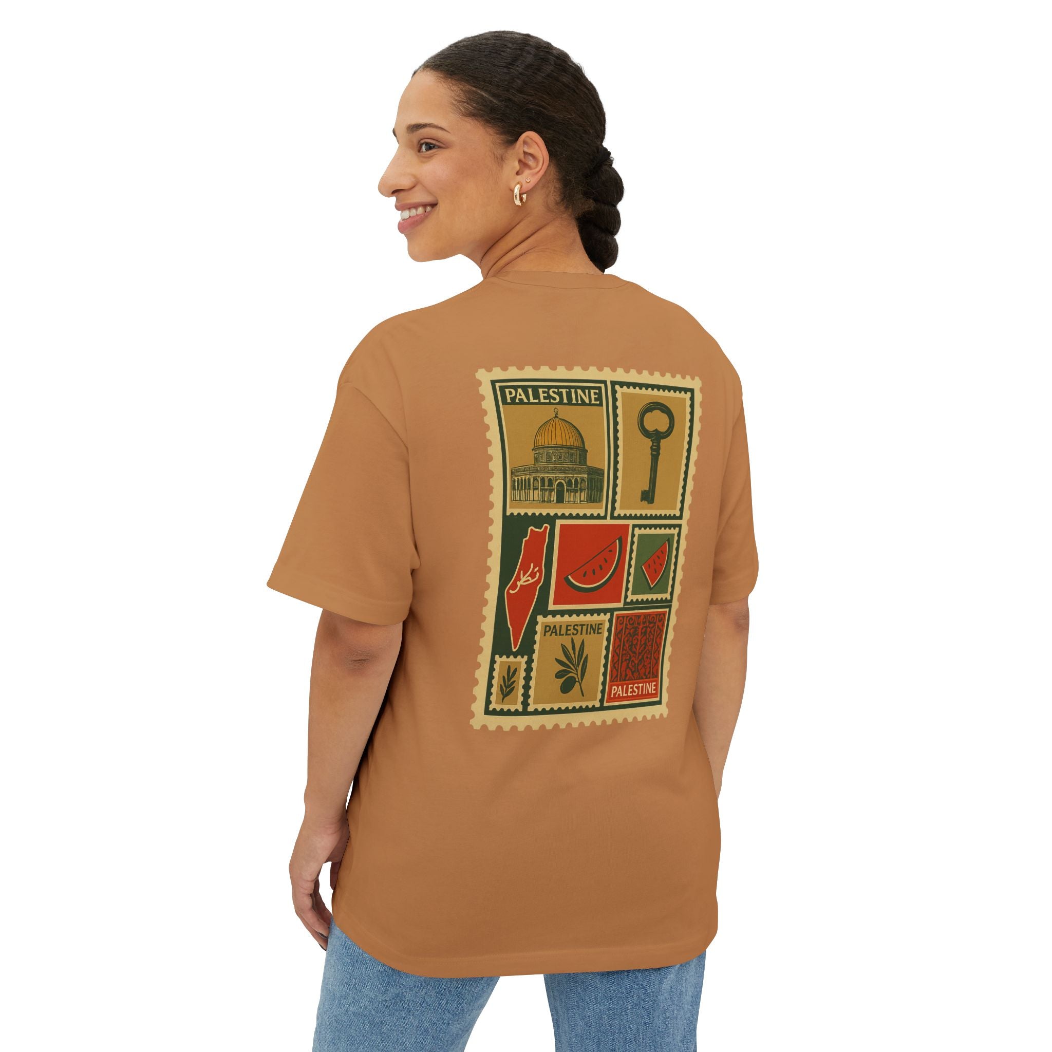 Palestine Stamp Collage Tee — Vintage Key & Dome Graphic Oversized T‑Shirt
