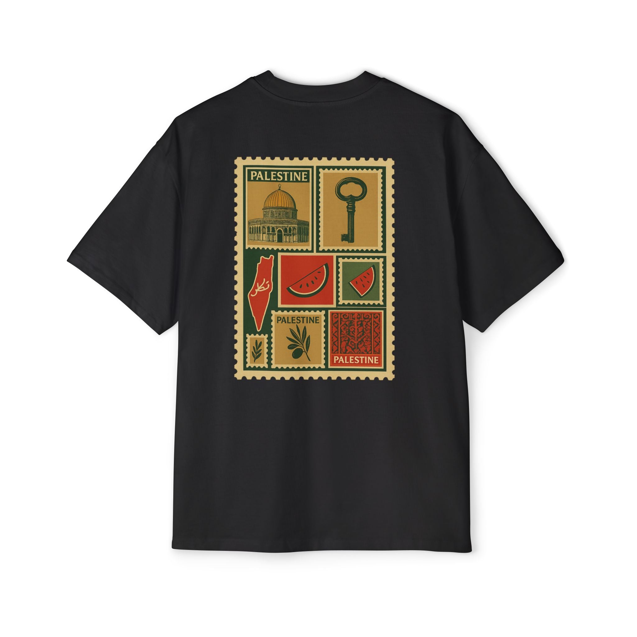 Palestine Stamp Collage Tee — Retro Dome, Key & Symbols Graphic T‑Shirt