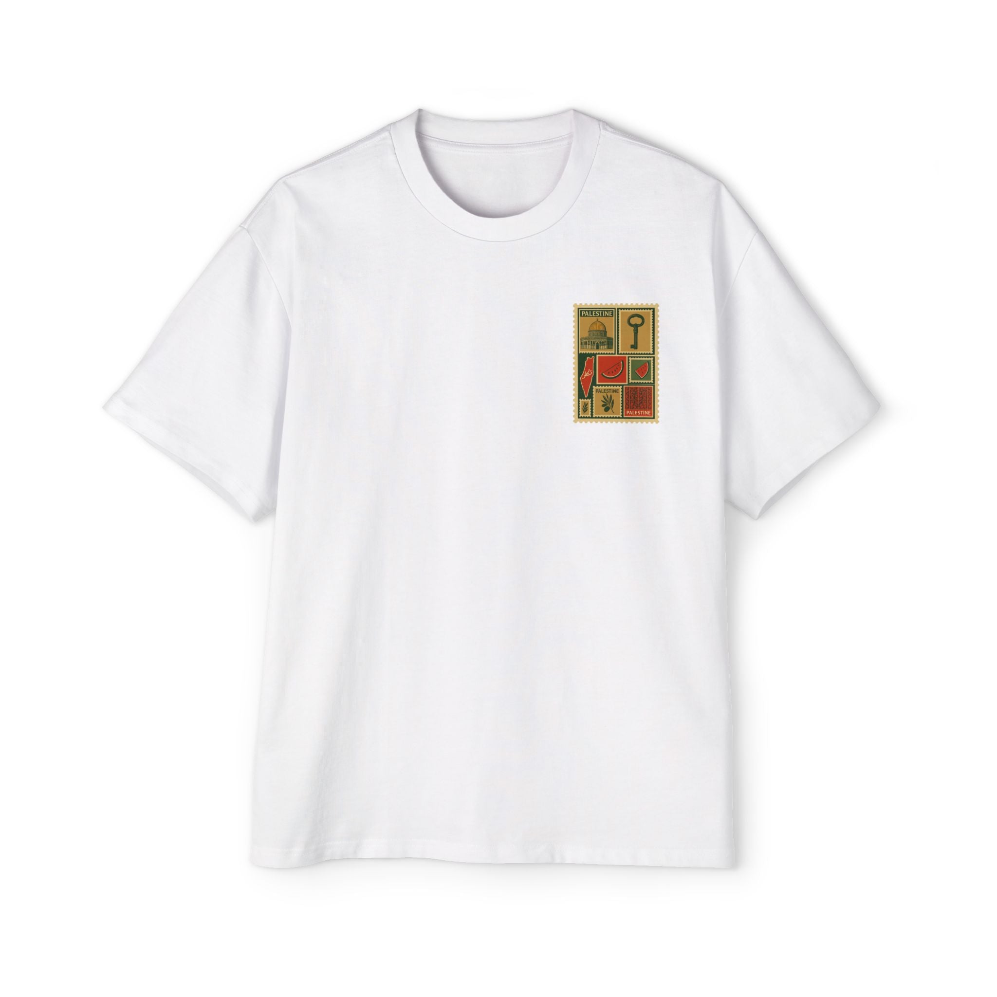 Palestine Stamp Collage Tee — Retro Dome, Key & Symbols Graphic T‑Shirt